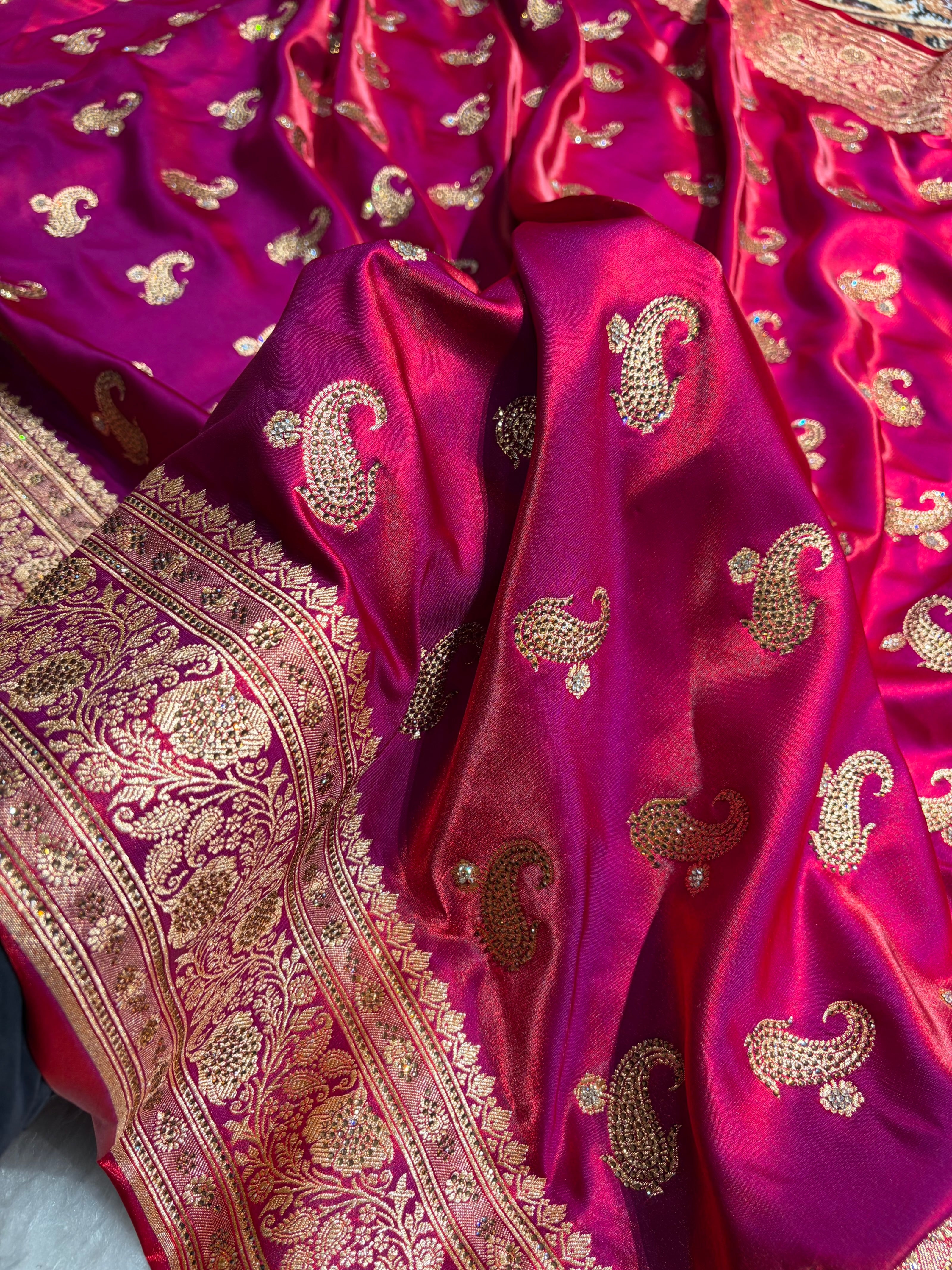 Satin Silk Saree Tredition Banarasi Swarovski Work Floral Boota in Reddish Purple Shades BSS27