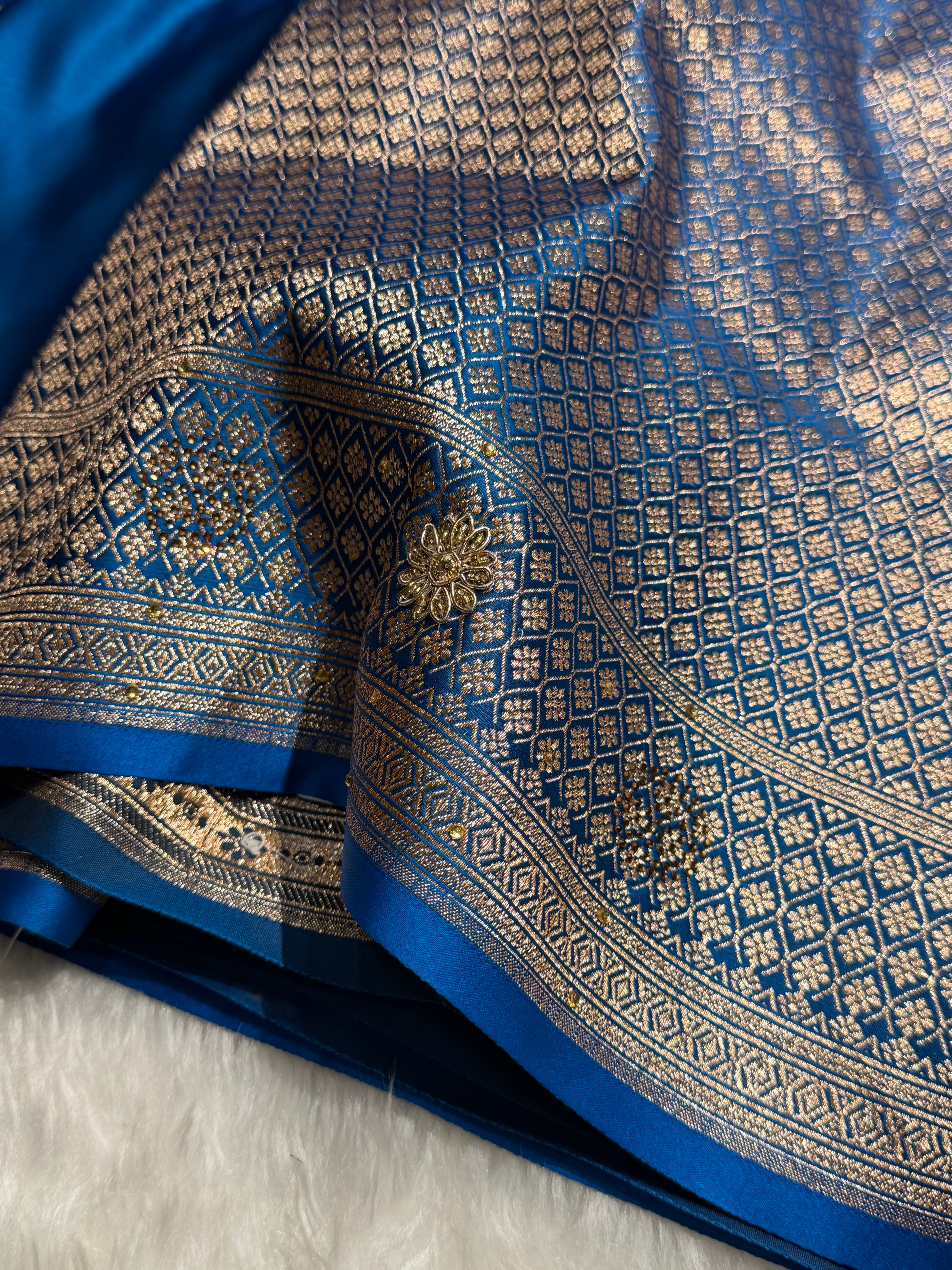 Cross Blue Floral Boota Pattern With Zardozi Stone Work Satin Katan Silk saree BSK34