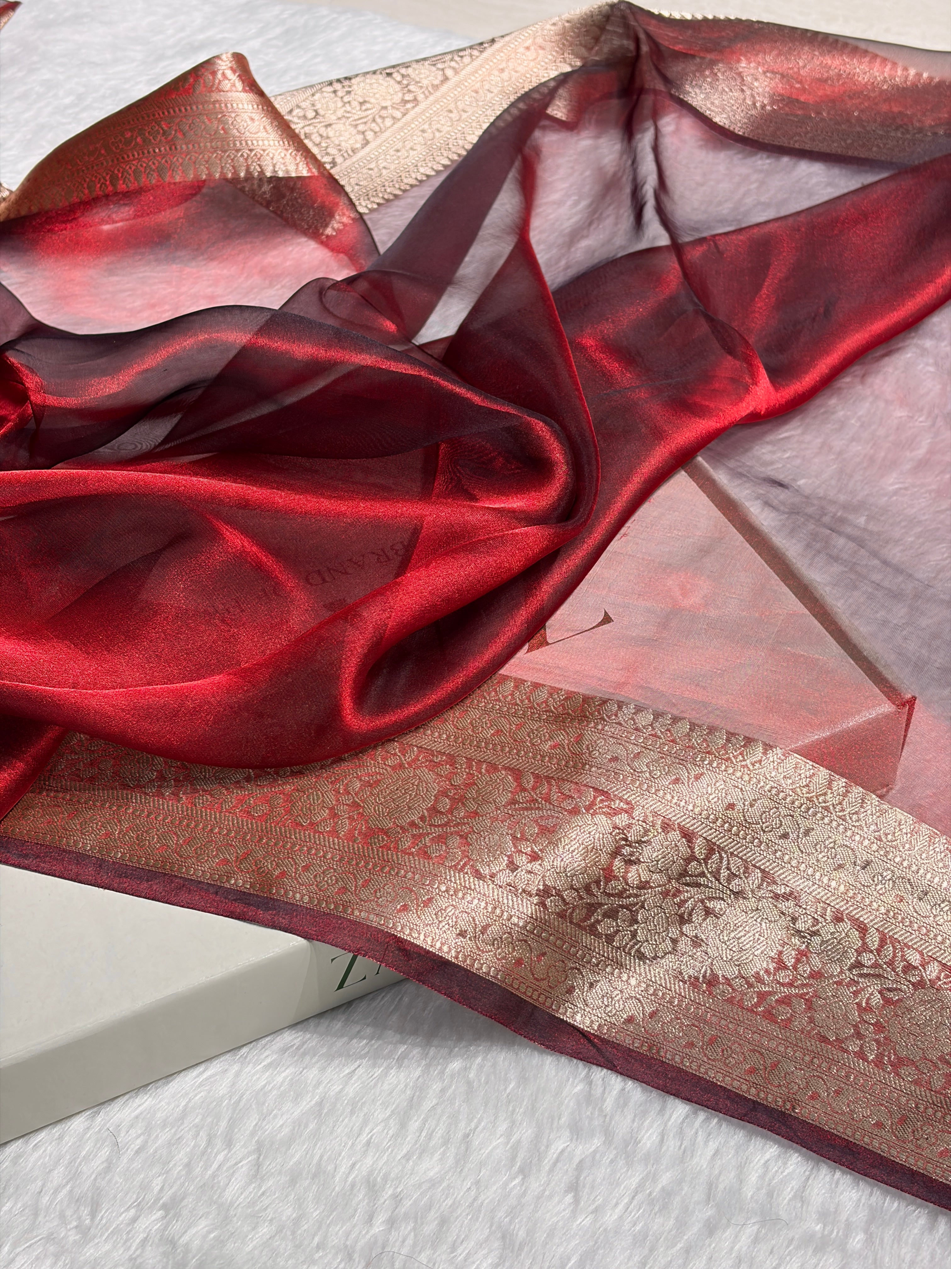 Cross Red Shades Pure Tissue Silk Saree with Brocade Blouse PT-08