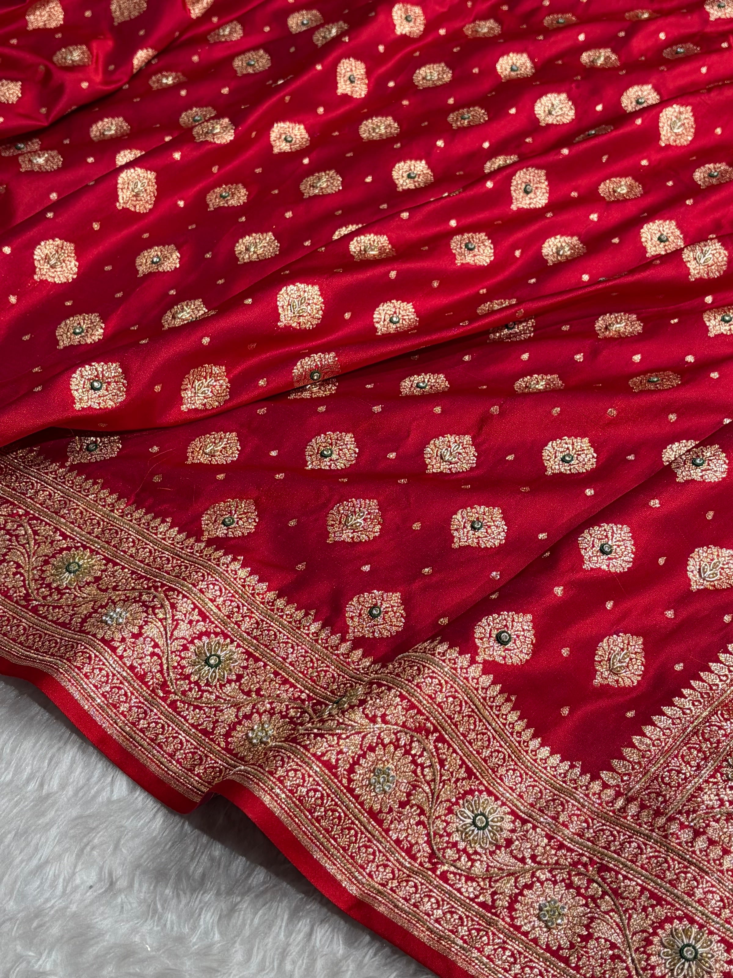 Bridal Red Unique Boota Pattern With Stone & Ari Work Satin Katan Silk Saree BSK69