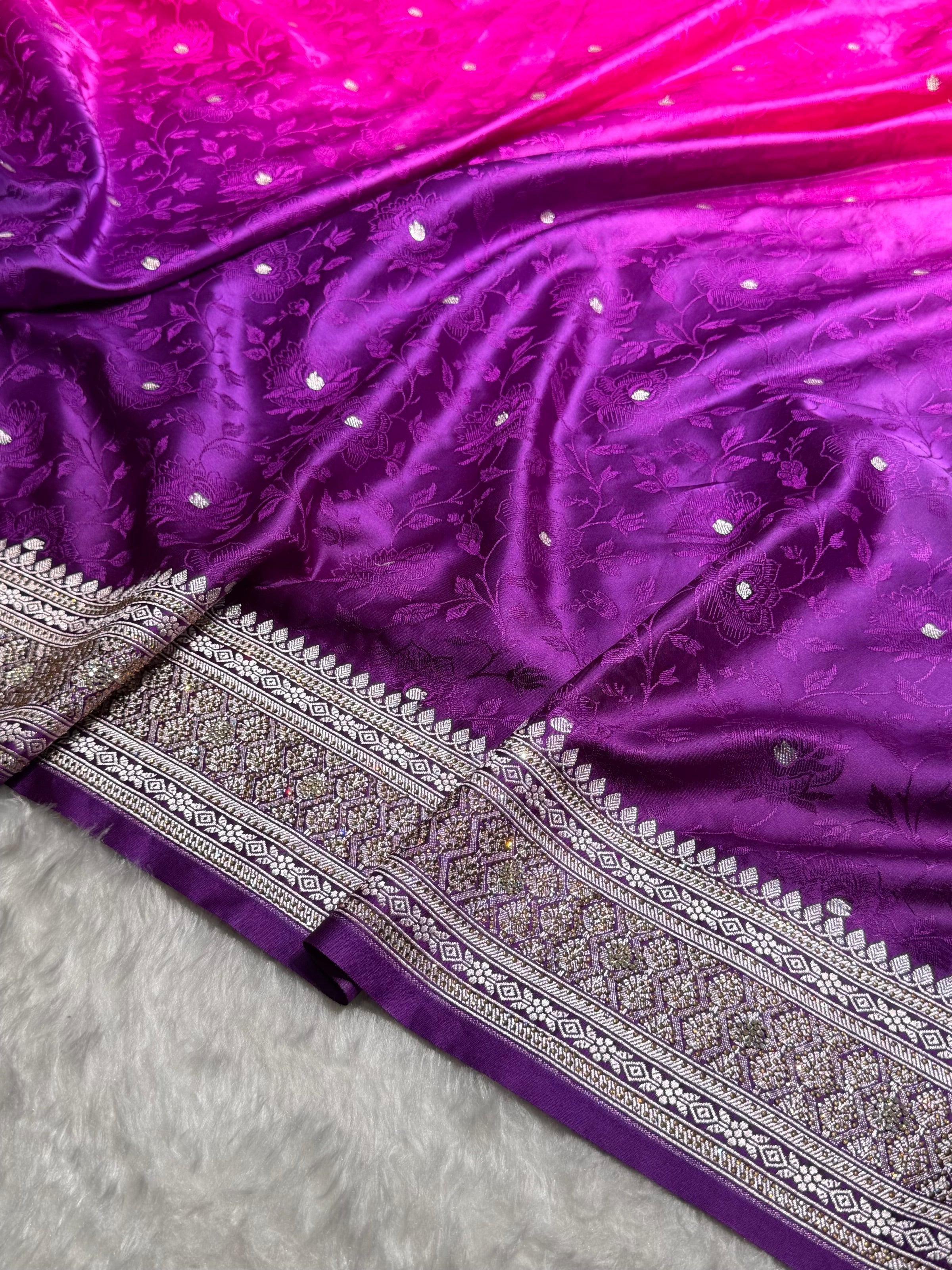 Ombre Purple With Pink Dual Shades Minakari Tanchoi With Swarovski Work Floral Booti Mashru Silk Saree BMS59