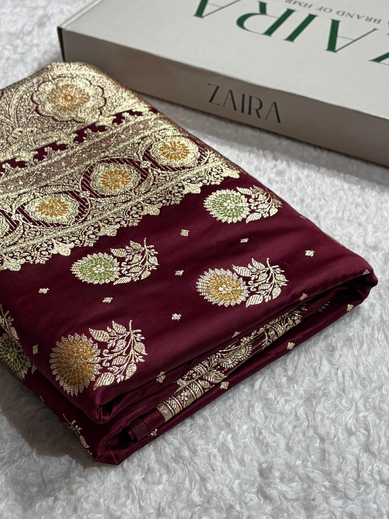 Garnet Banarasi Minakari Booti Satin Katan Silk saree