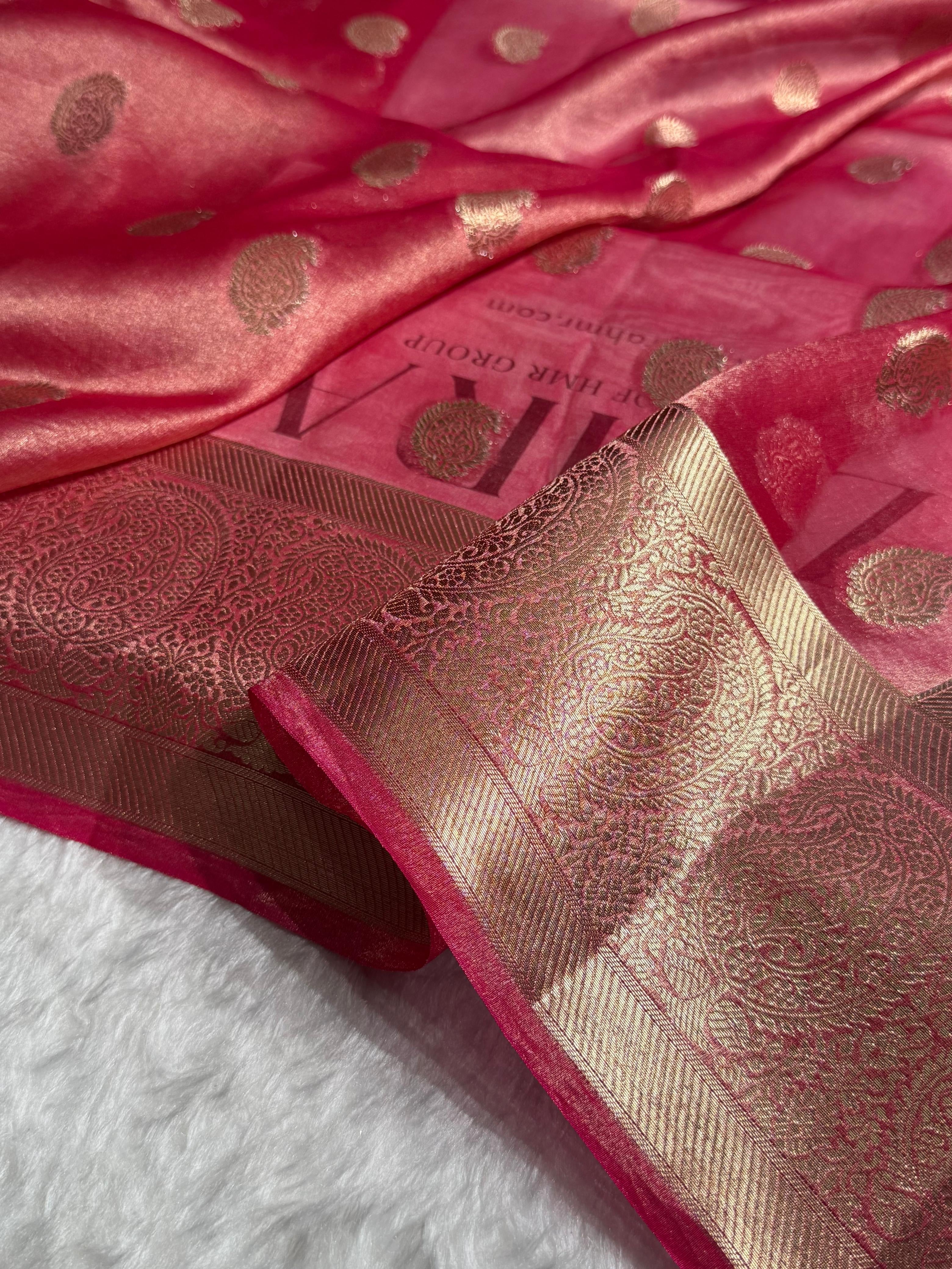Pastel Pink Floral Shades Pure Tissue Kora Silk Saree TKC-01