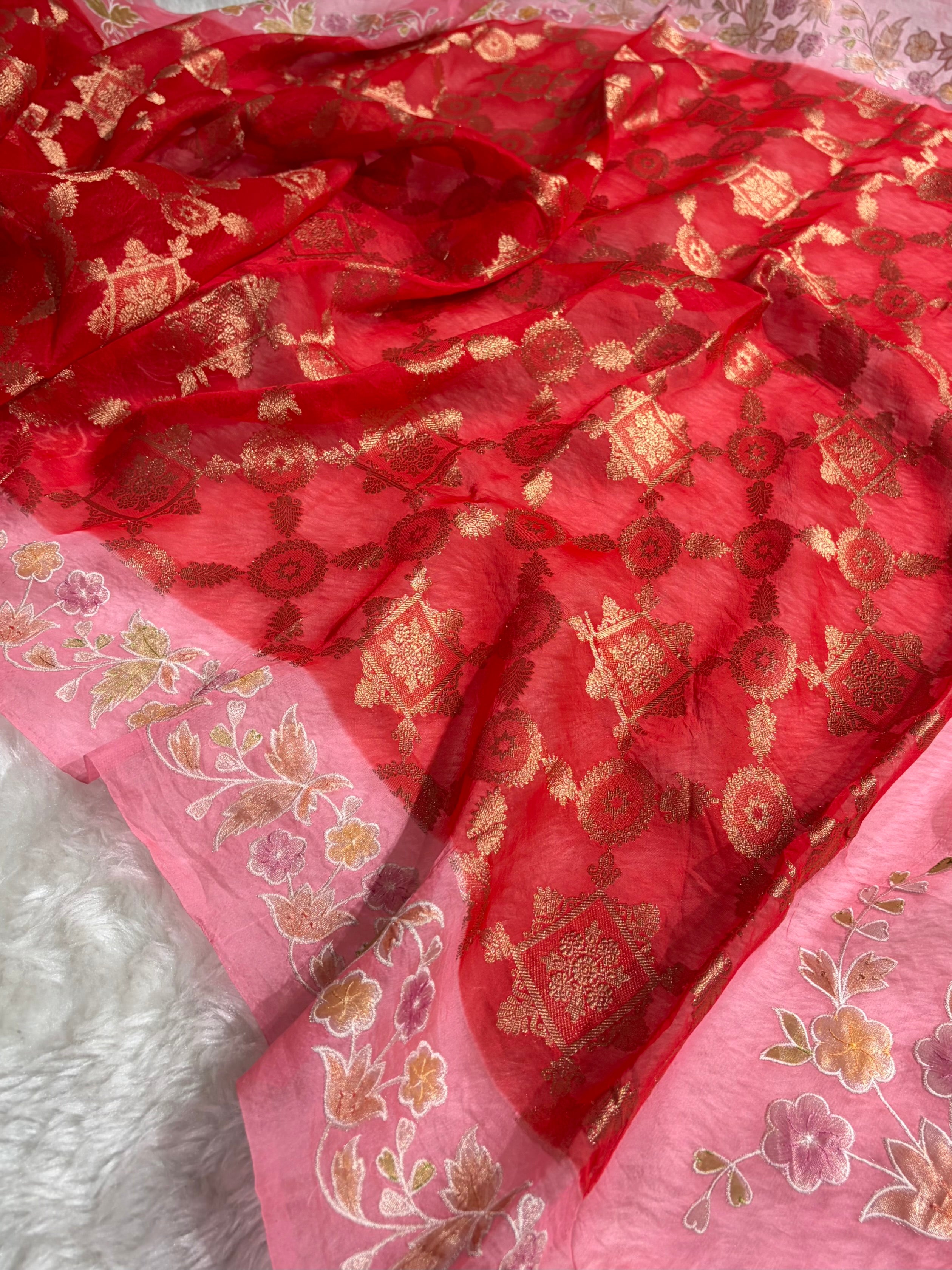 Banarasi Pure Organza Contrast Red With Baby Pink Shades Banarasi Silk Saree PO-38