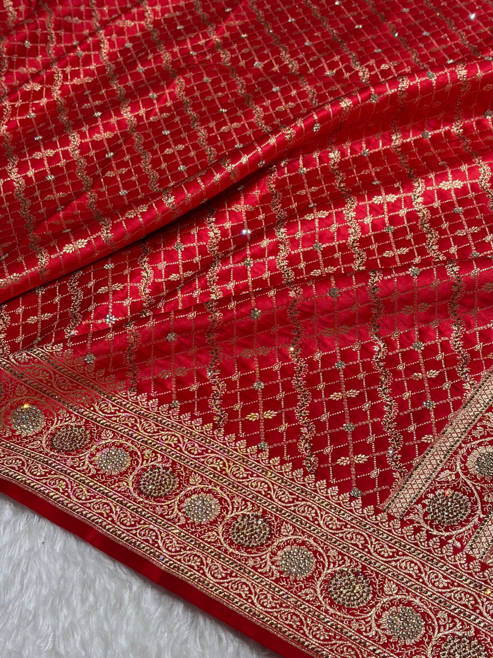 Red Banarasi Brocade With Swarovski Work Soft Katan Silk Saree - BSK44