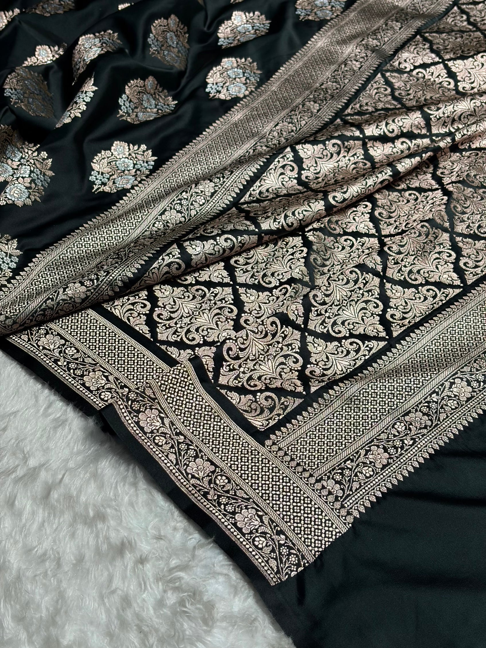 Premium Banarasi Satin Katan Saree With Minakari Boota in Black Shades SK93