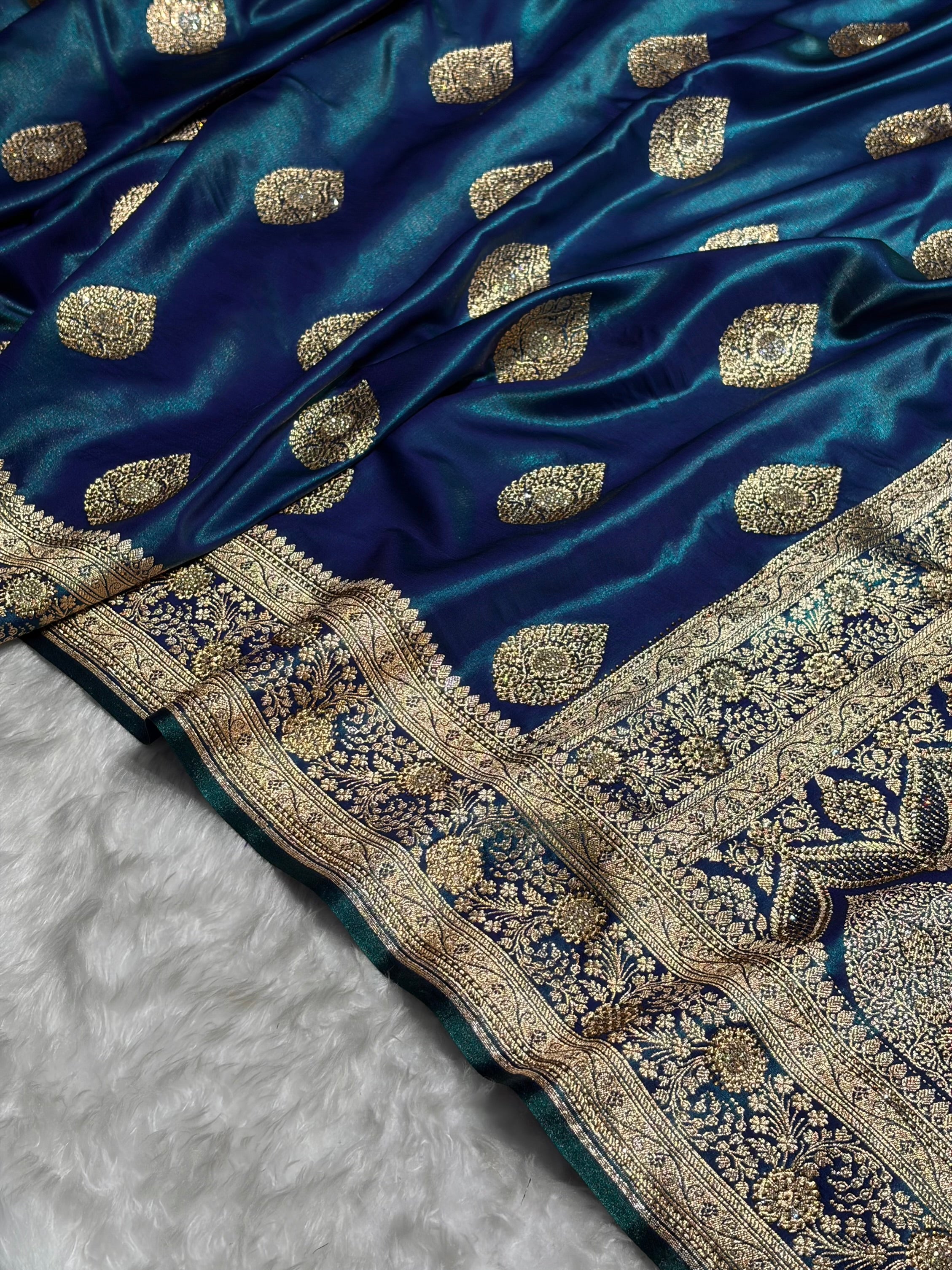 Peacock Shades Banarsi Satin Silk Boota with Stone Work