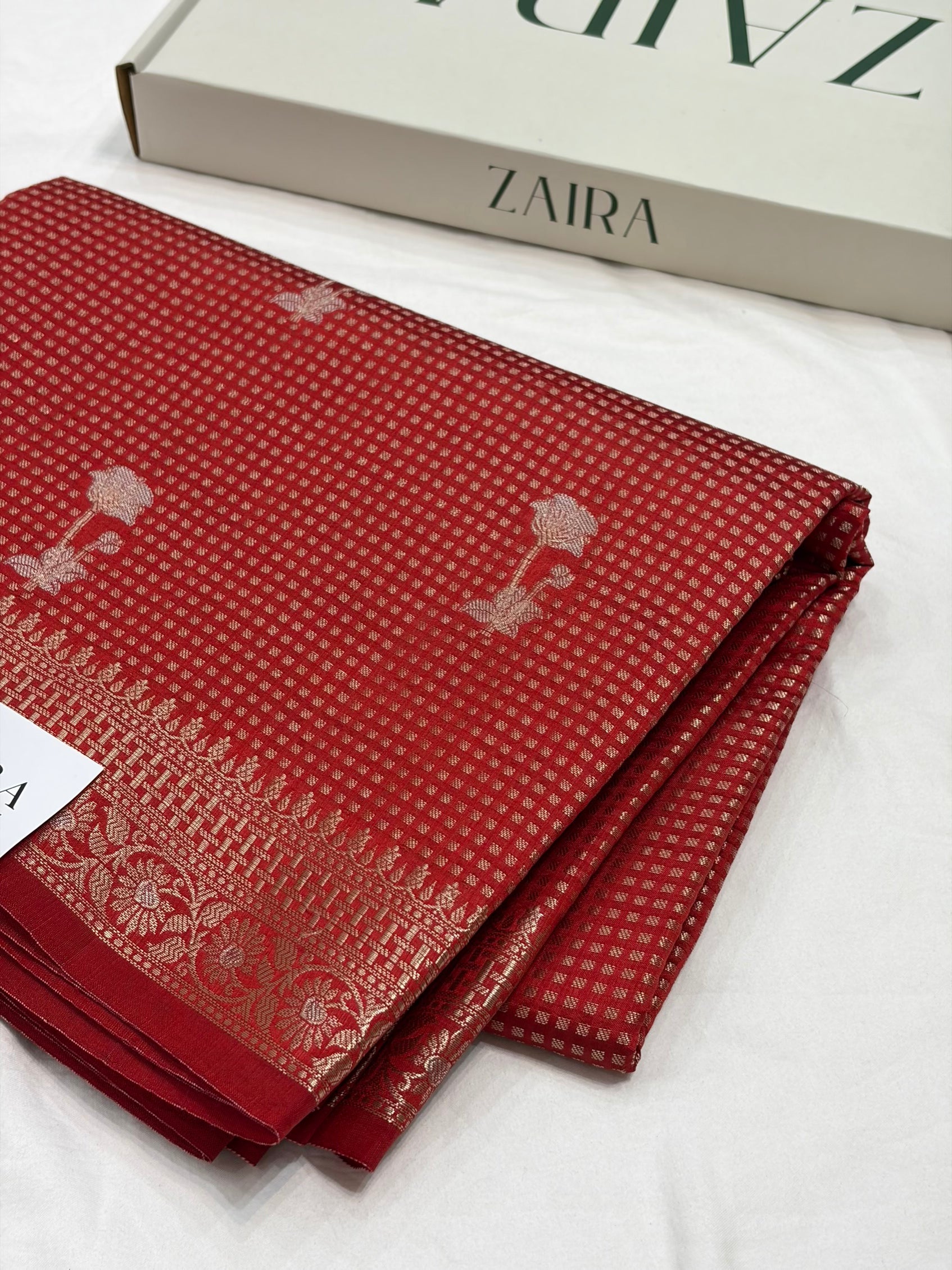 Red Flower Booti Pure Caramel Silk Saree