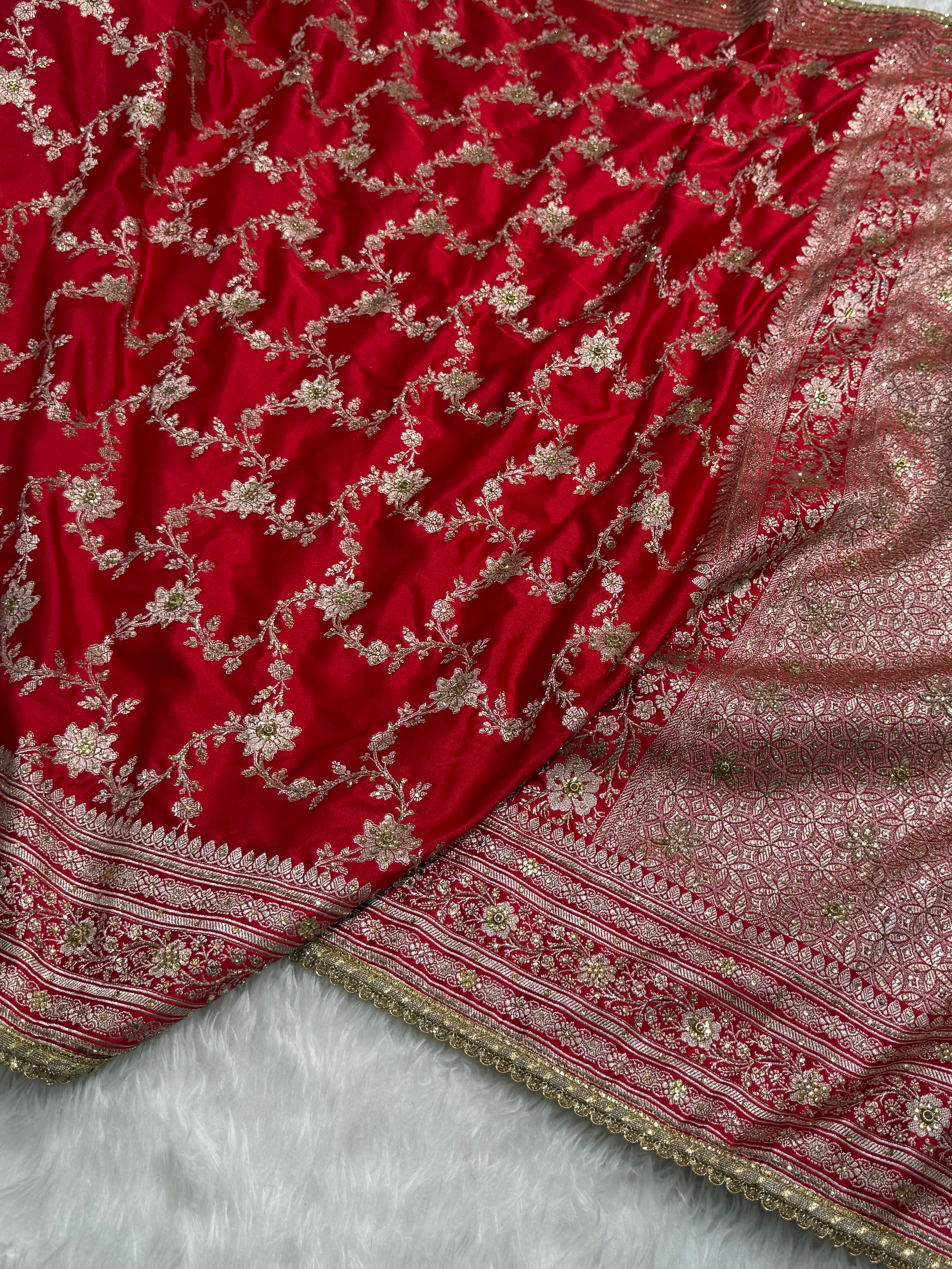 Red Mashru Silk with Ari and stone work with Gotta Patti