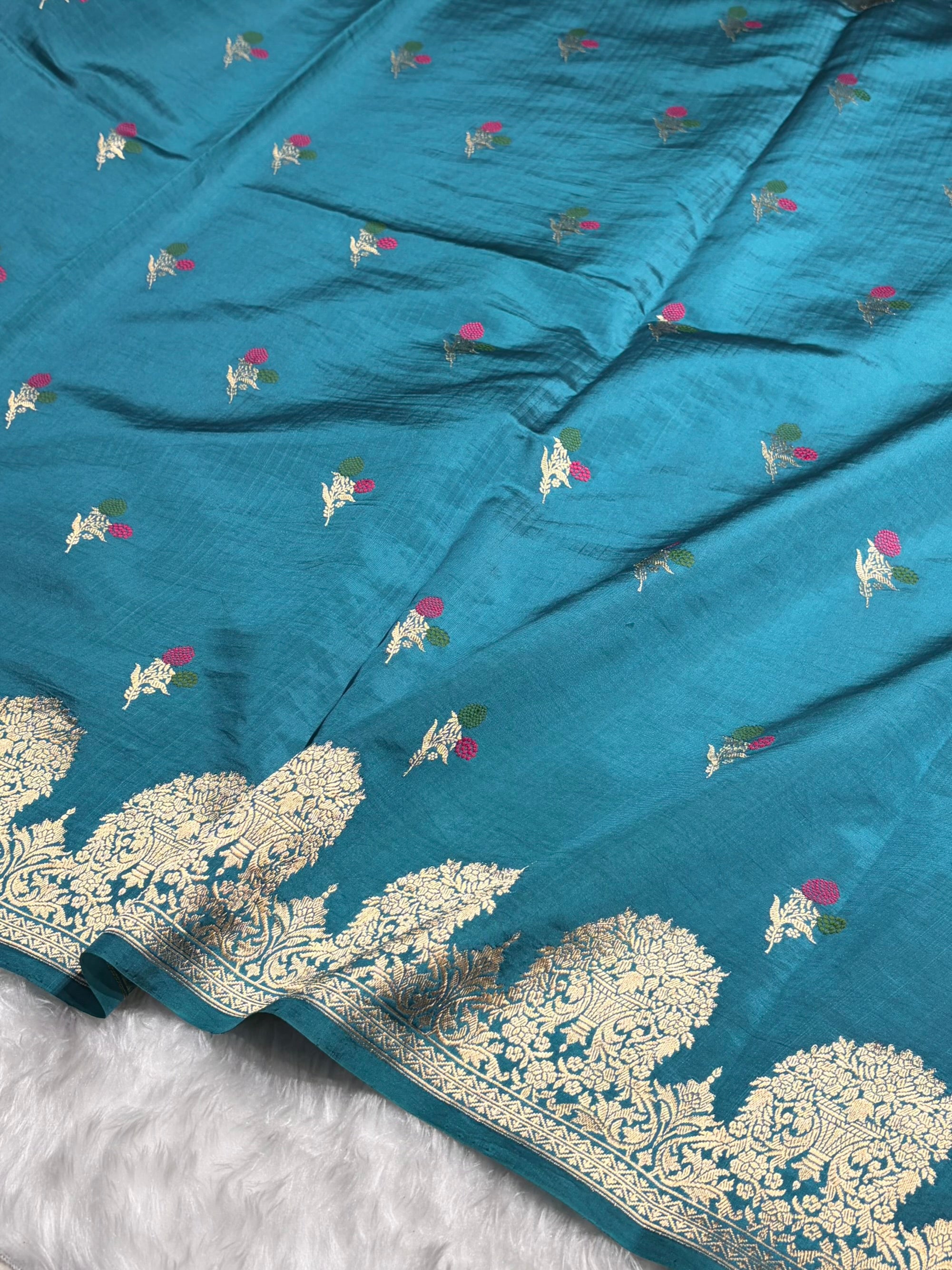 Peacock Blue Shades Minakari Handwoven Pure Raw Mango Silk RM-54