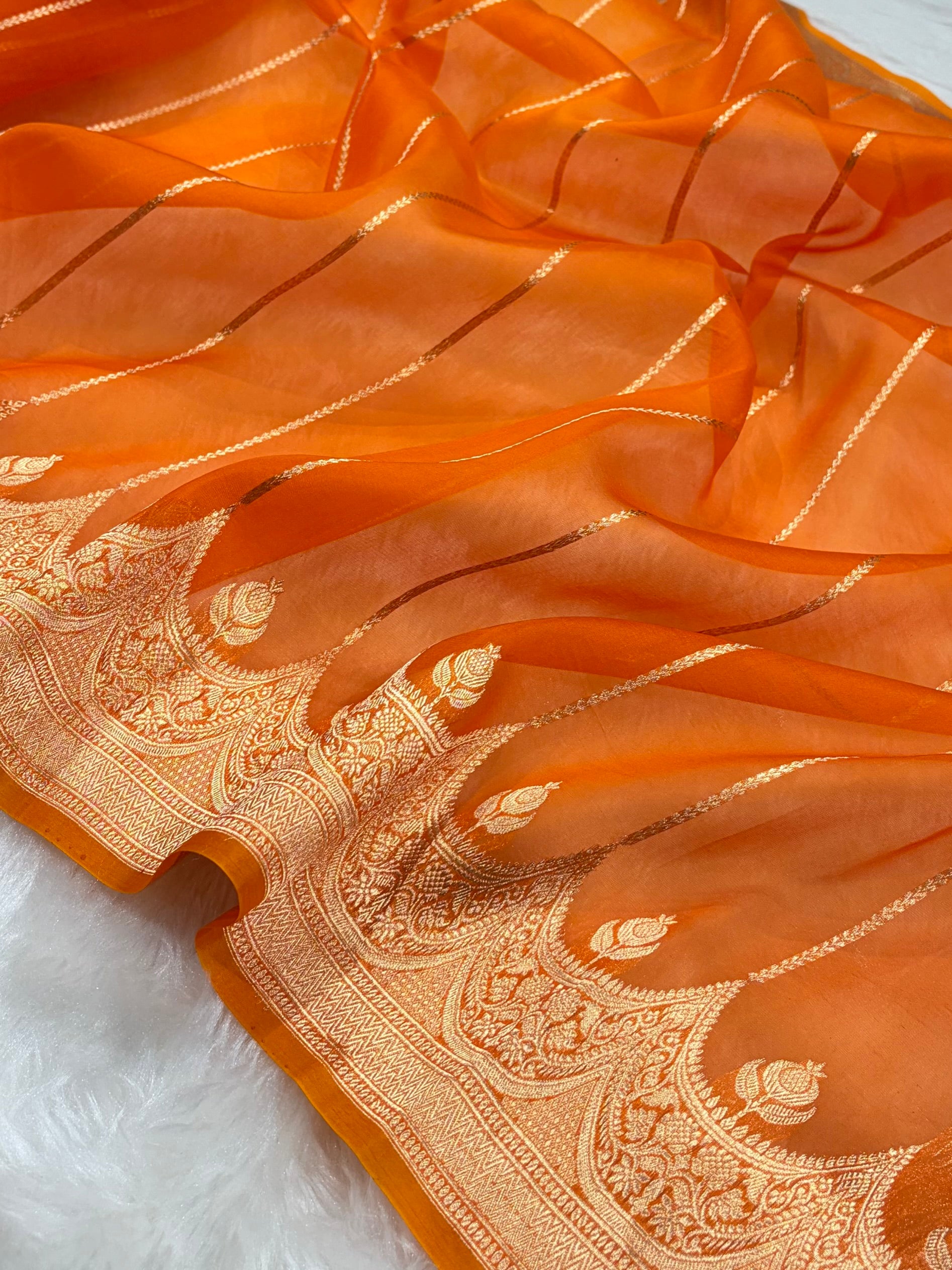 Banarasi Pure Organza Orange Shades With Scallop Stripe Banarasi Silk Saree PO-31