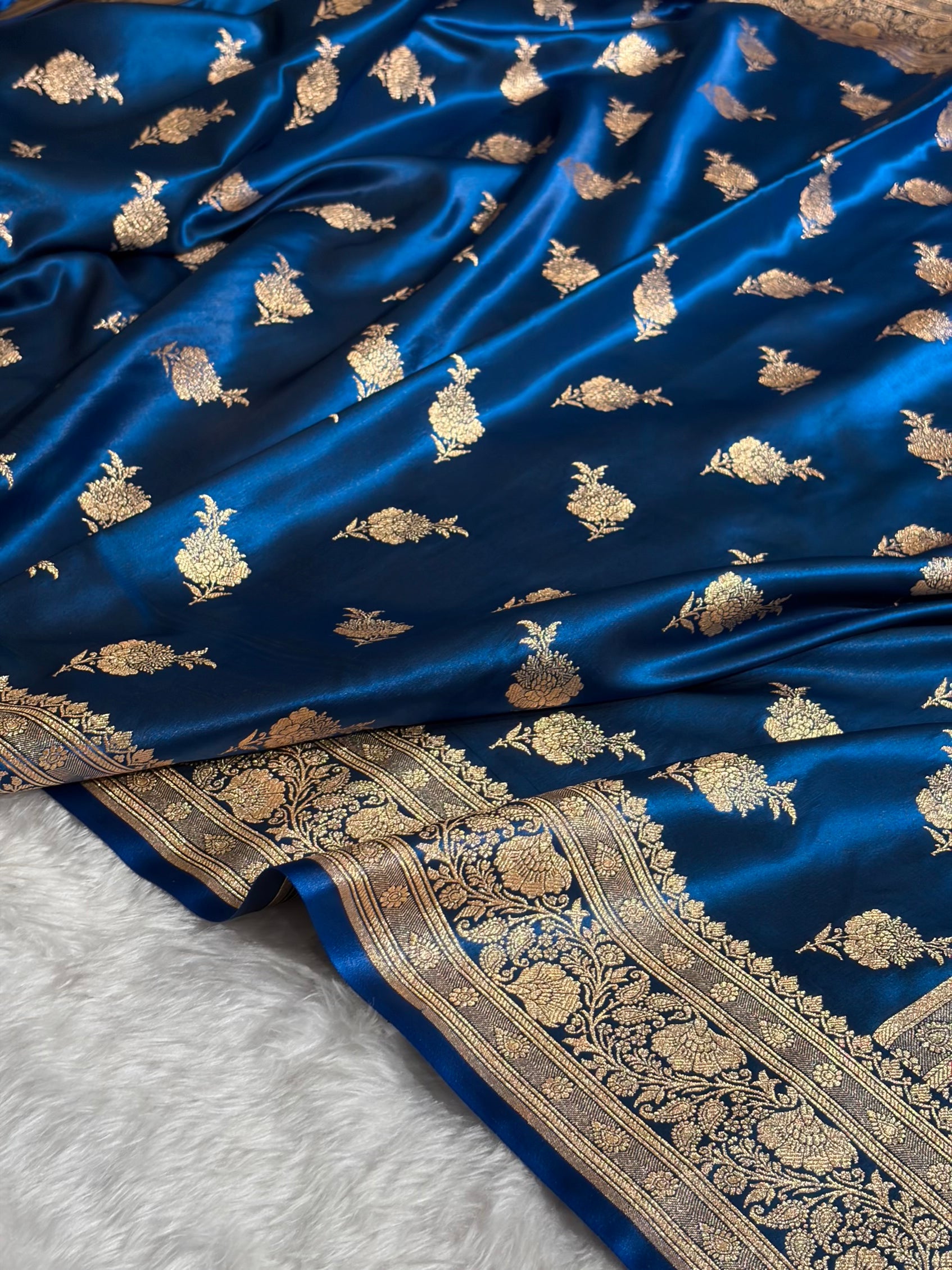 Satin Silk Saree Floral Boota in German Blue Shades SS26