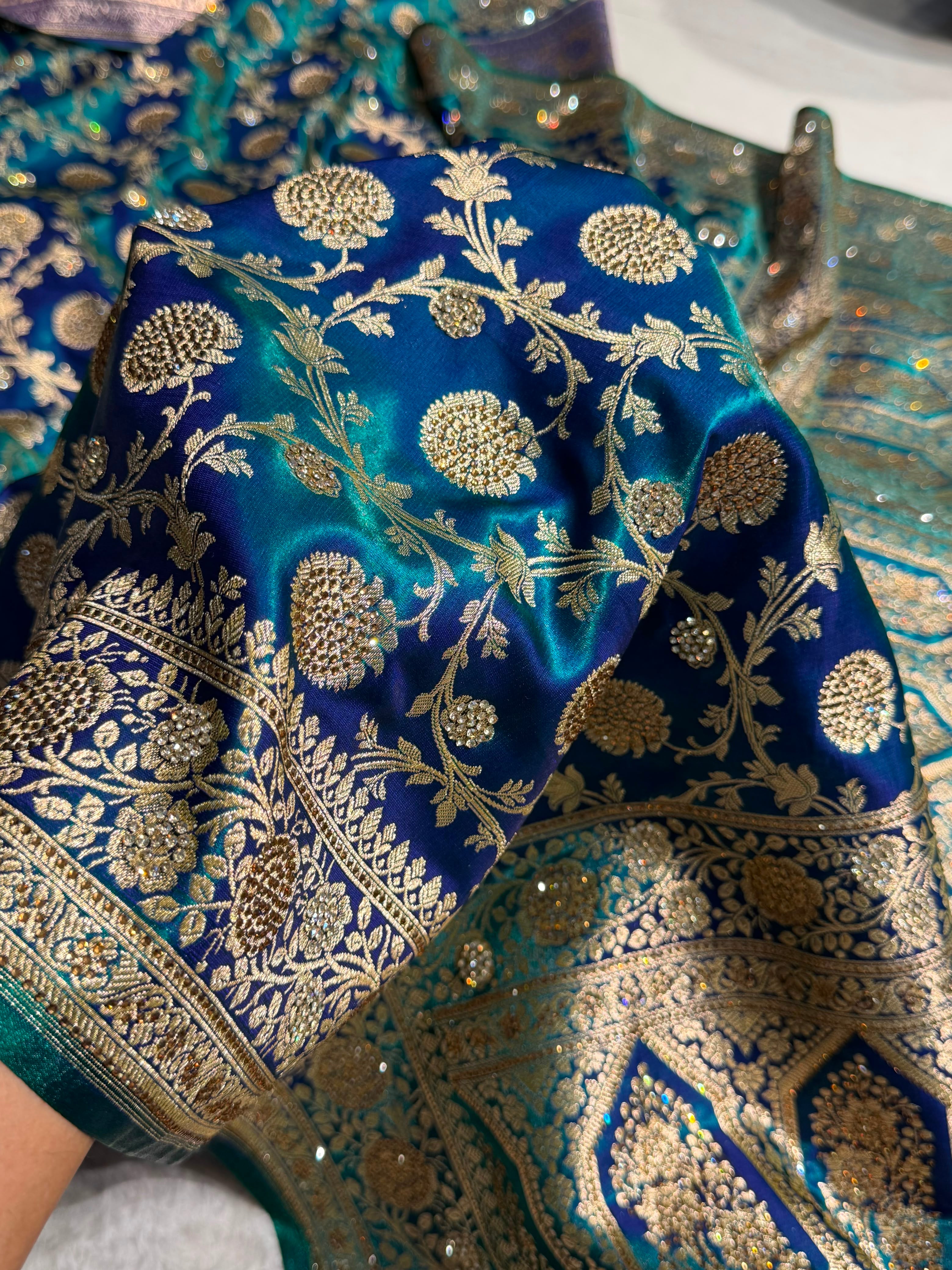Peacock With Swarovski Stone Work Jaal Pattern Satin Silk Saree BSS15