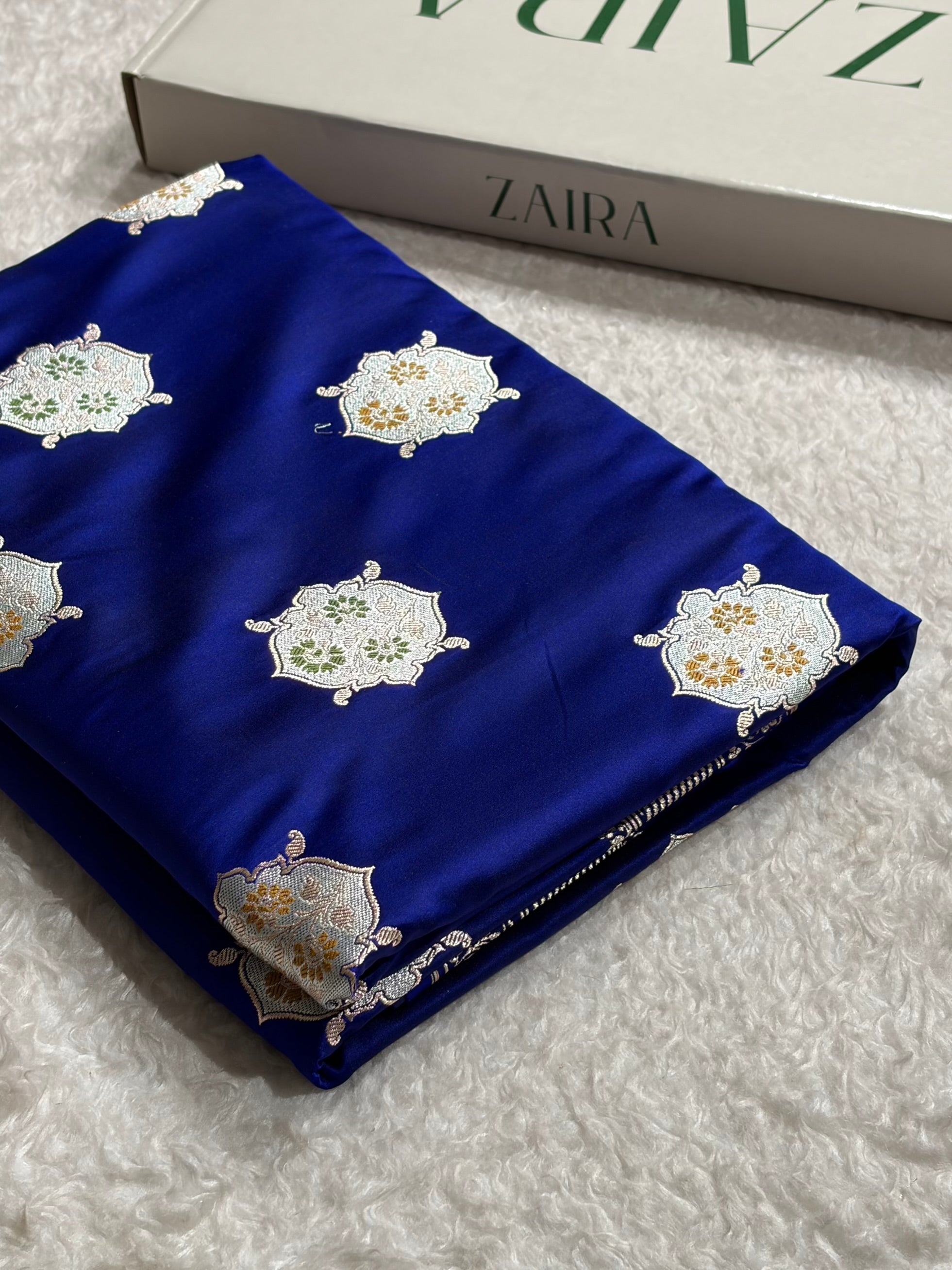 Premium Banarasi Satin Katan Saree Minakari Booti Pattern in Royal Blue Shades SK138