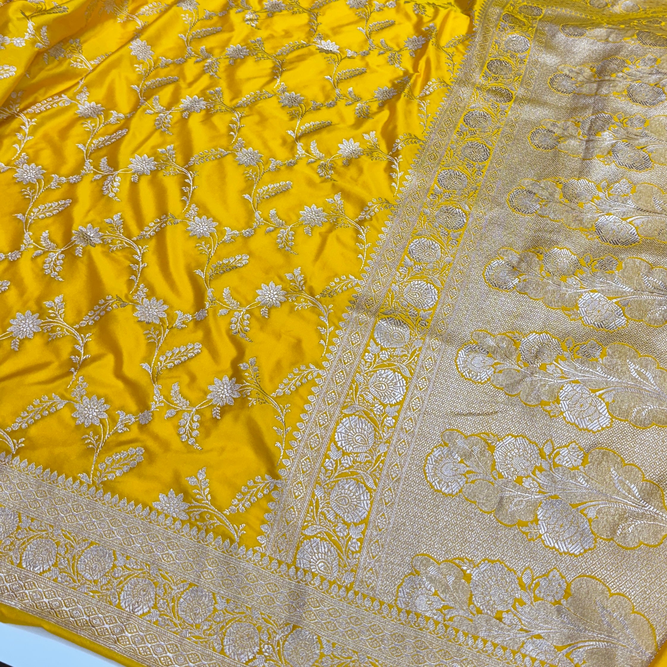 Mango Yellow Jaal Mashru Silk Saree