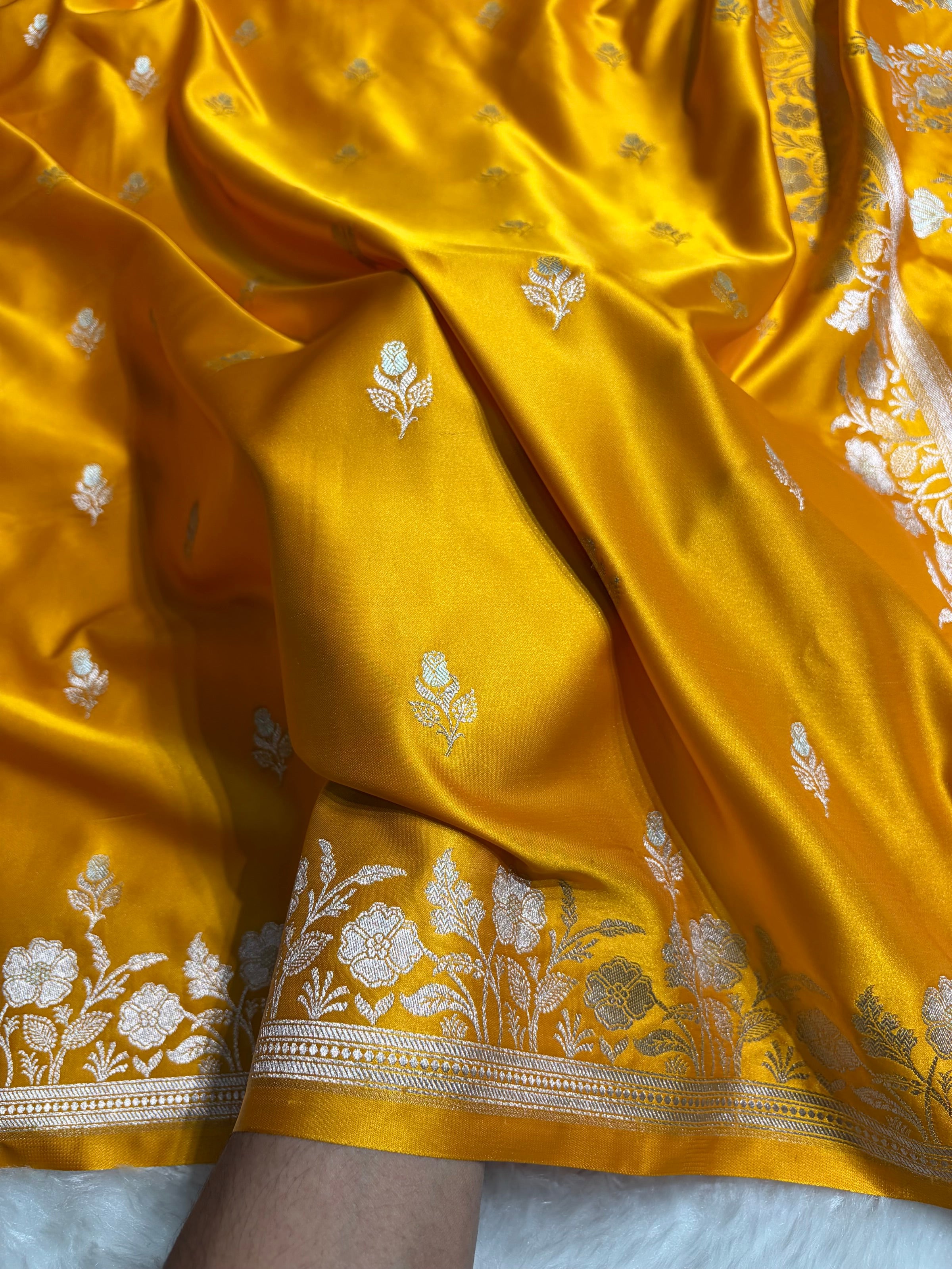 Mustard Yellow Blue Boota With Floral Border Mashru Silk Saree MSM-85