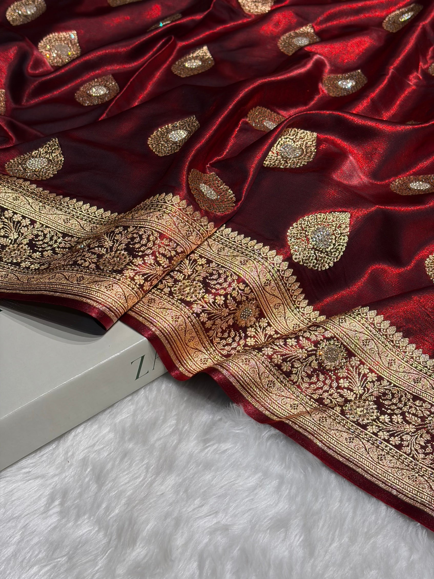 Maroon Shades Banarsi Satin Silk Boota with Stone Work BSS05