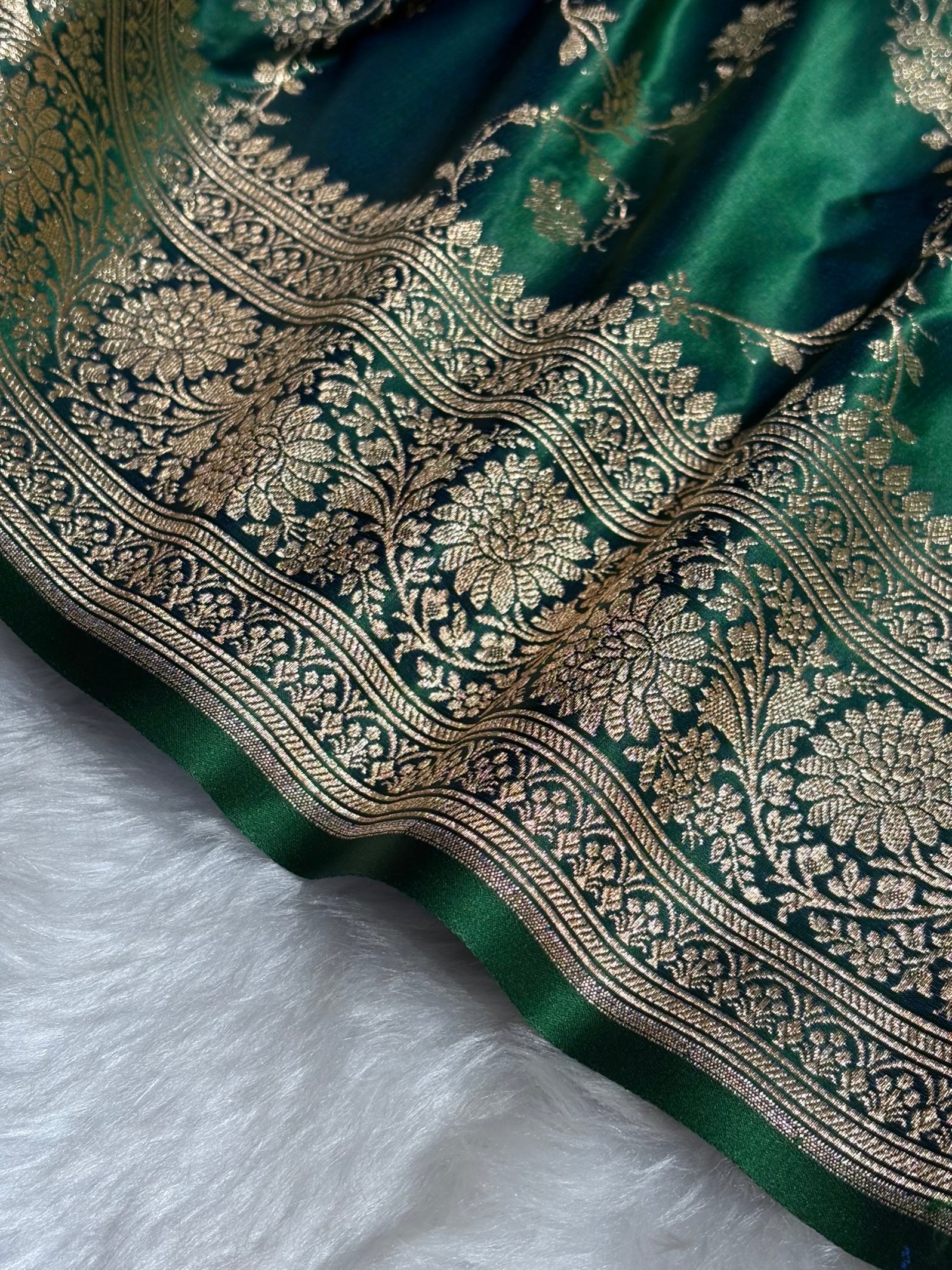 Bottle Green Cross Floral Jaal Pattern Satin Katan Silk saree SK60