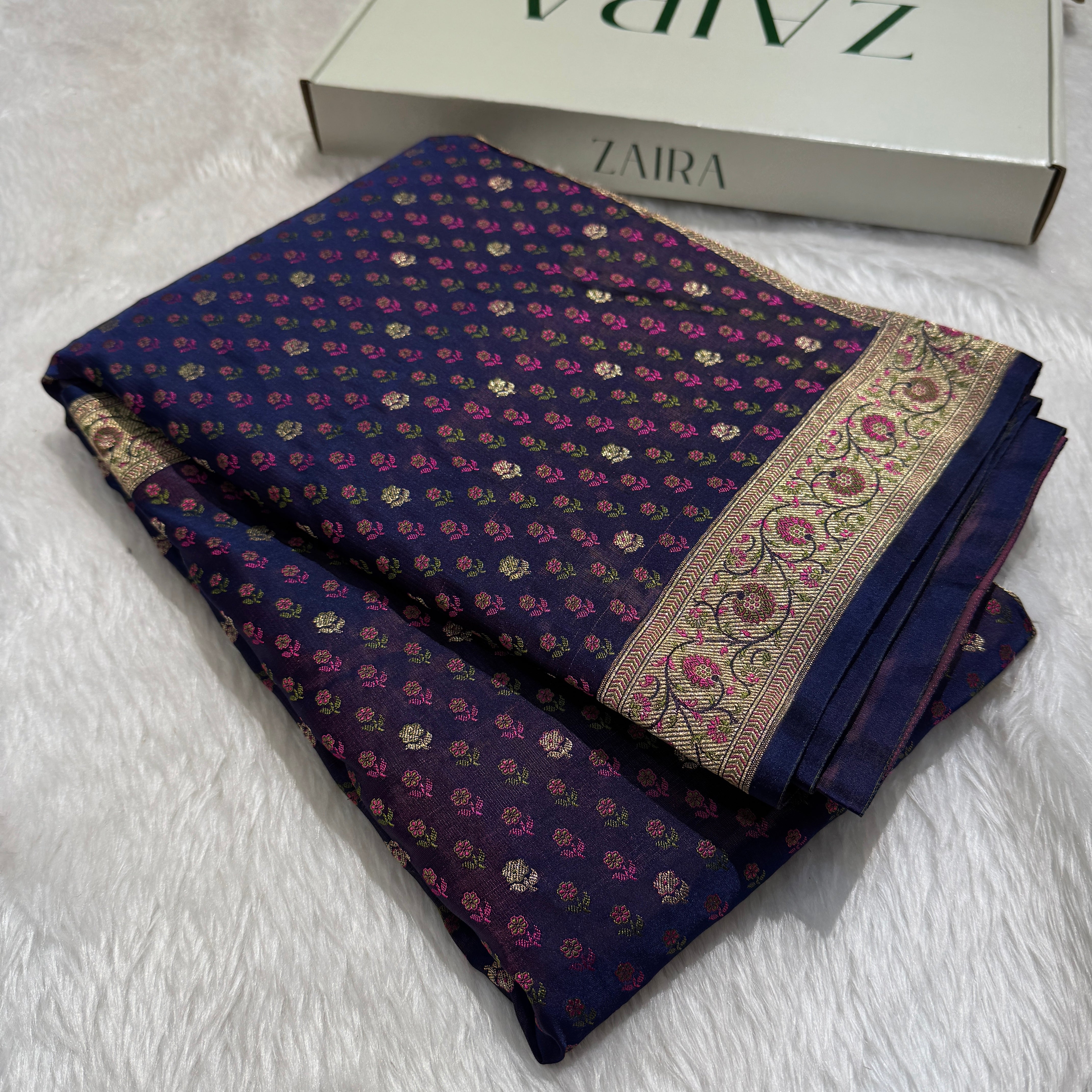 Cross Navy Minakari Tilfi booti Katan Silk Saree SKTM-01