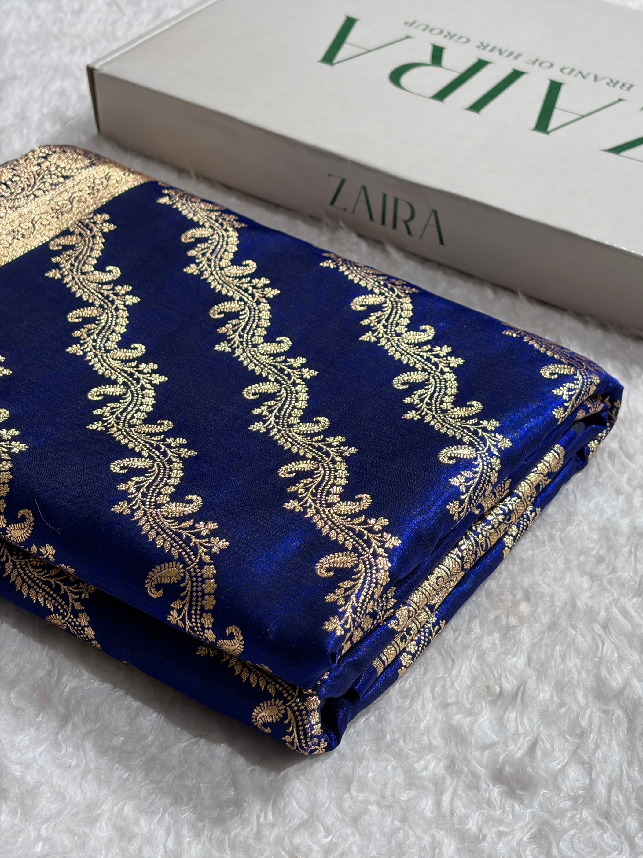 Royal Blue Shades Cross Pattern Banarasi Satin Silk Saree SS39