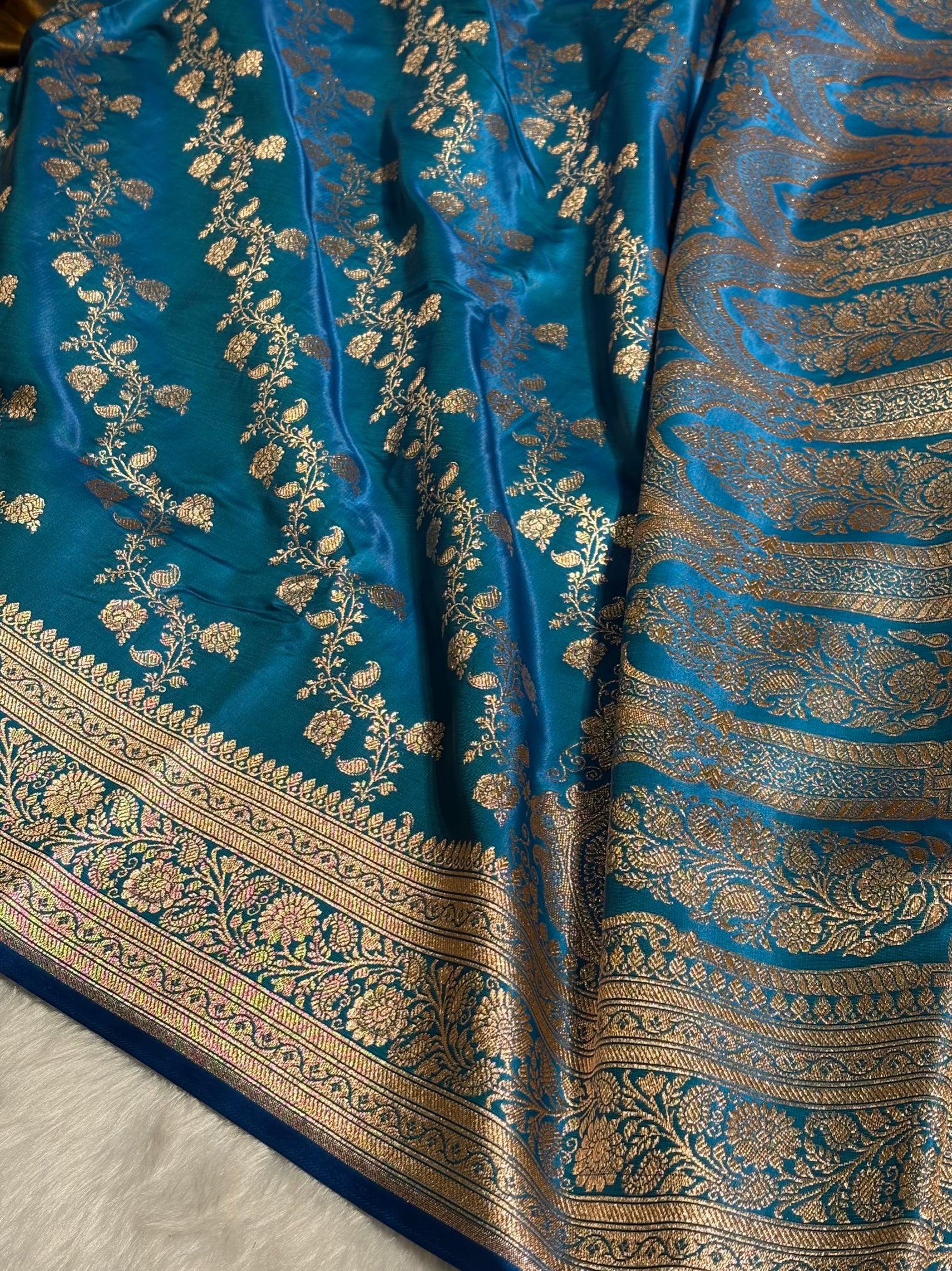 Firozi Shades Banarasi Cross Jaal Satin Silk Saree SS11