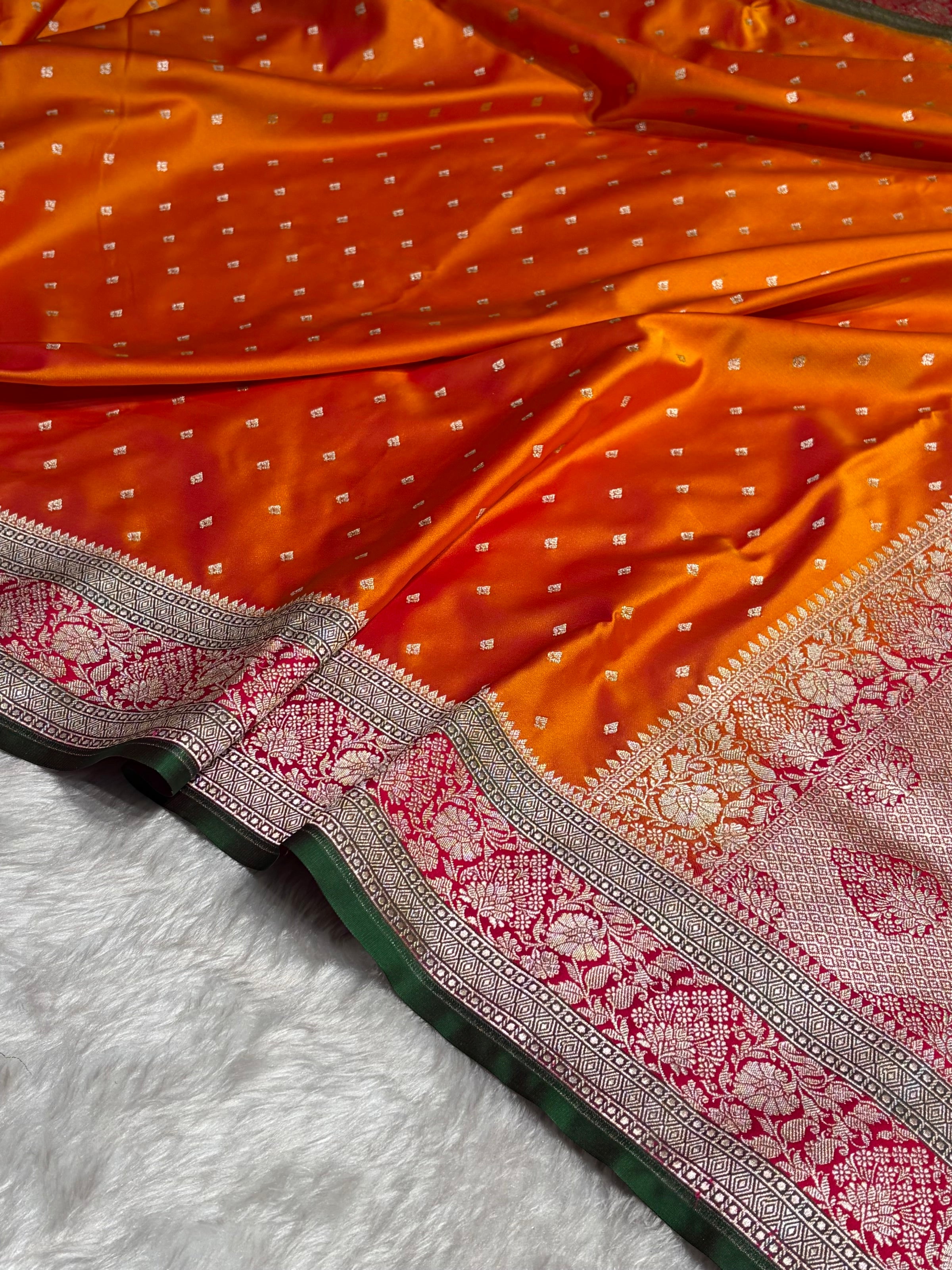 Contrast Cross Orange With Rani Floral Border Mashru Silk Saree MSM-99