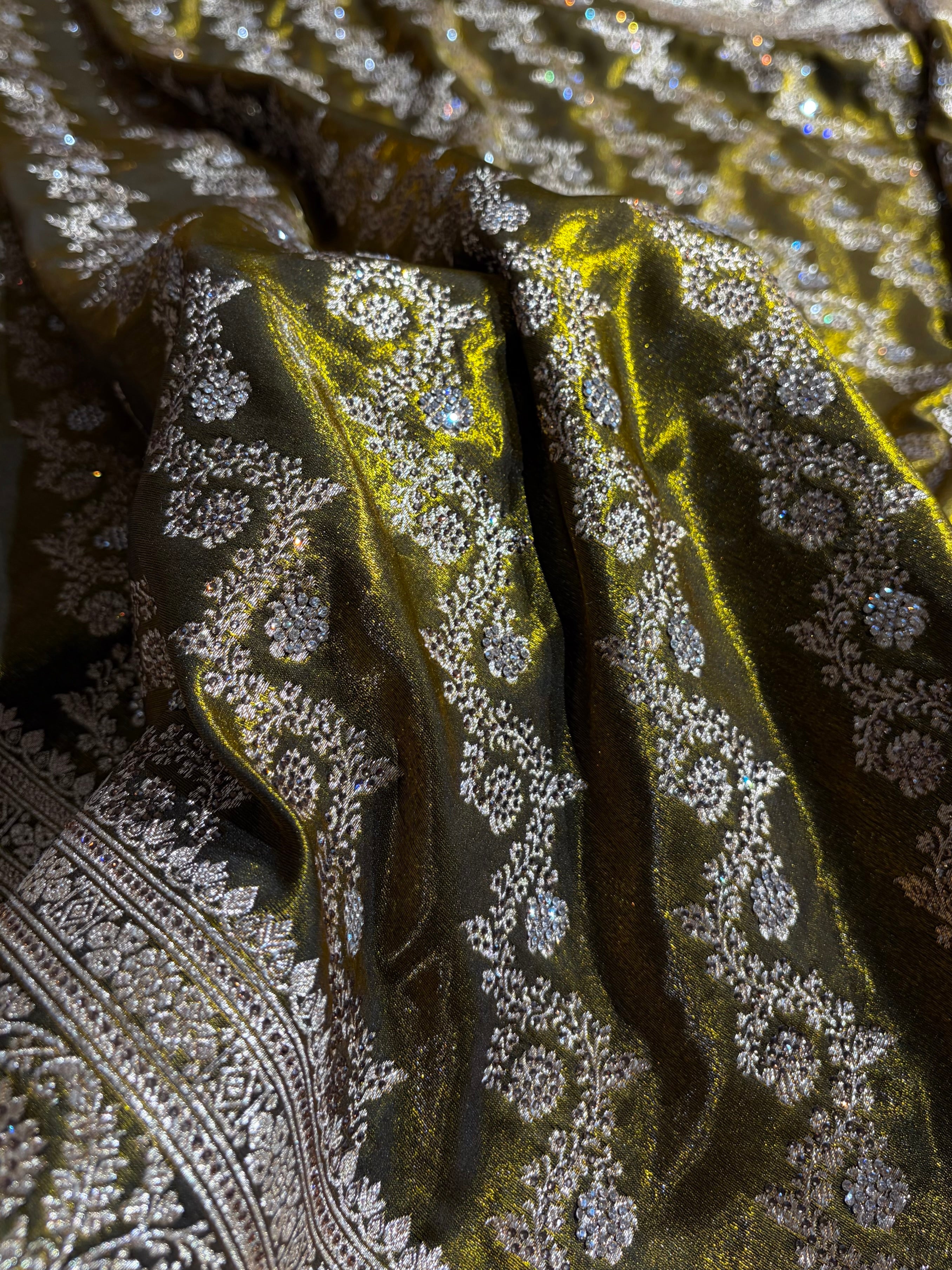 Banarasi Bridal Mehendi Shades With Swarovski Stone and White Stone Work Satin Silk Saree BSS32