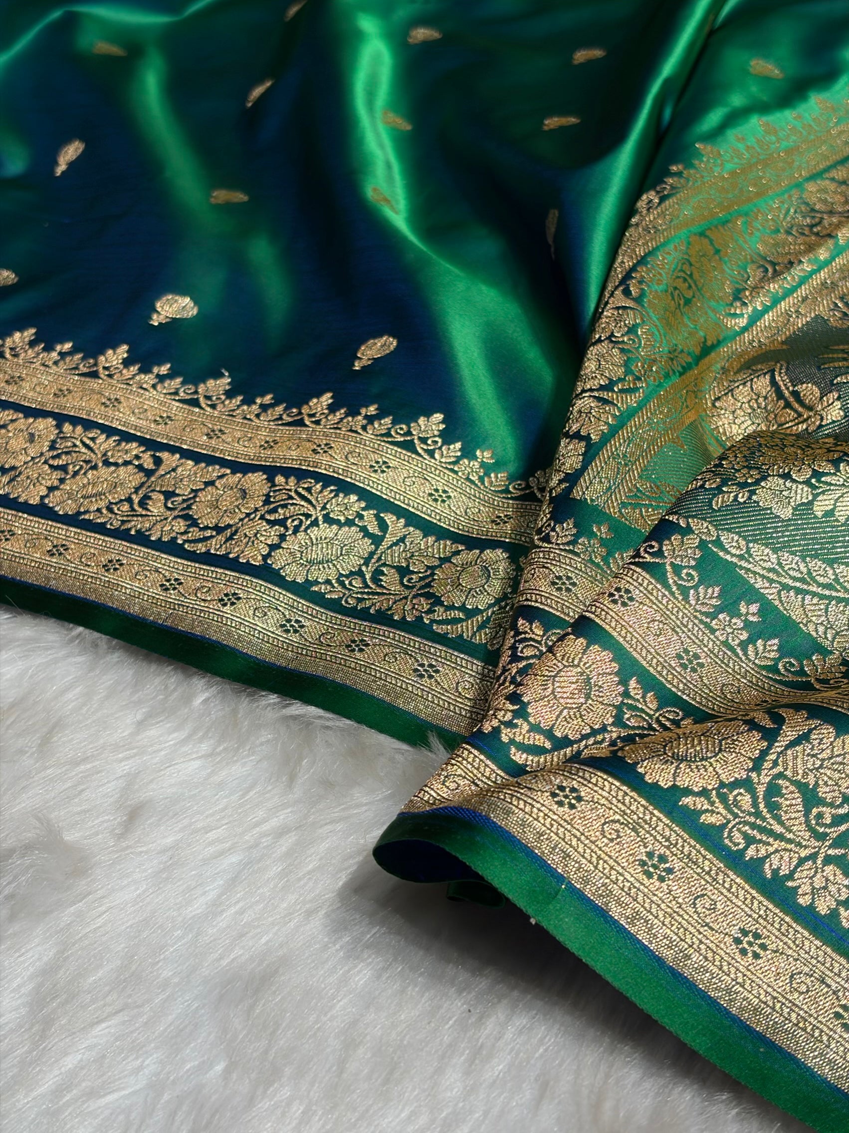 Green Cross Booti Pattern Satin Katan Silk Saree SK66