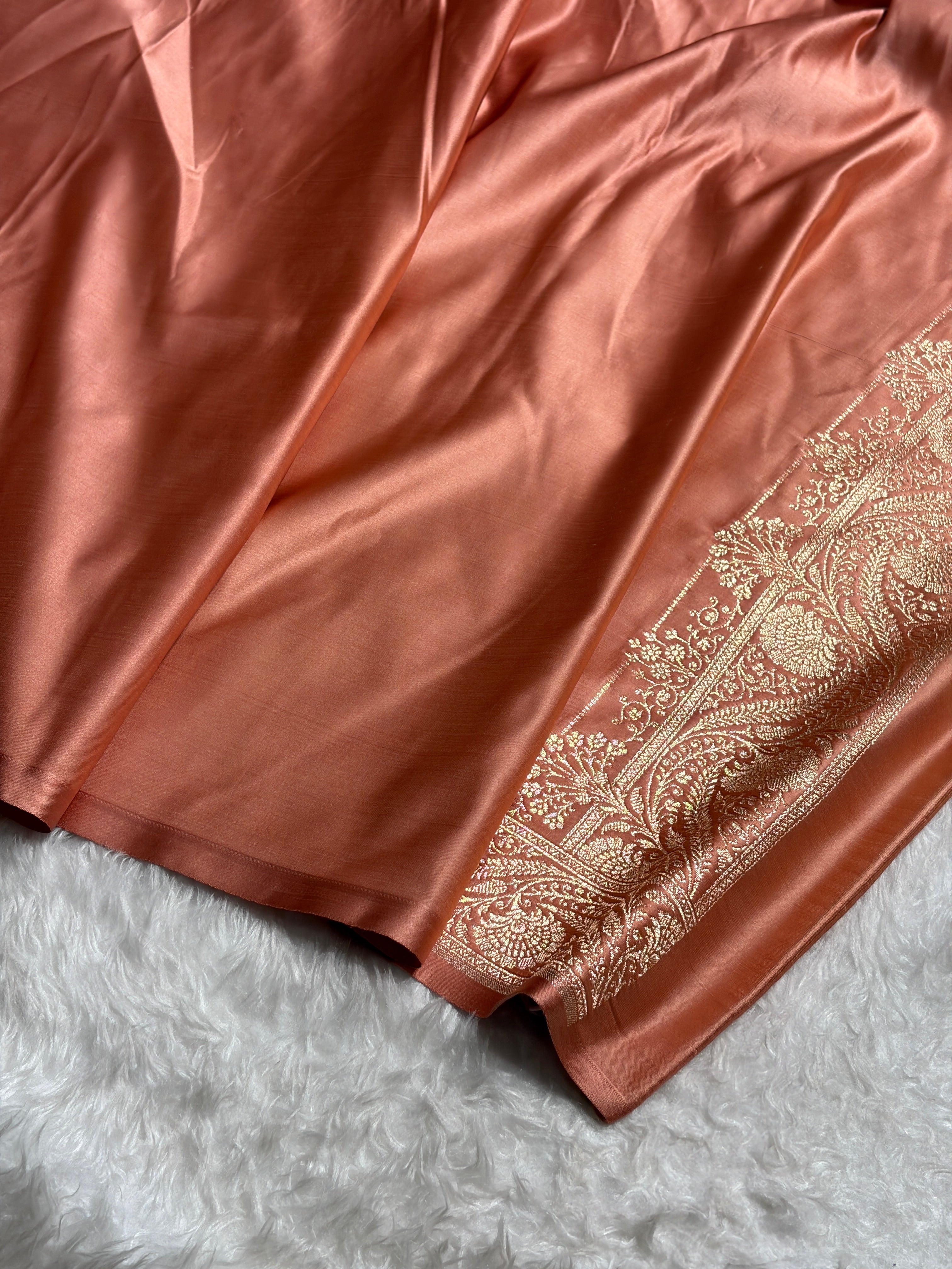 Banarasi Satin Katan Saree Jaal Pattern In Dusty Peach Shades SK133