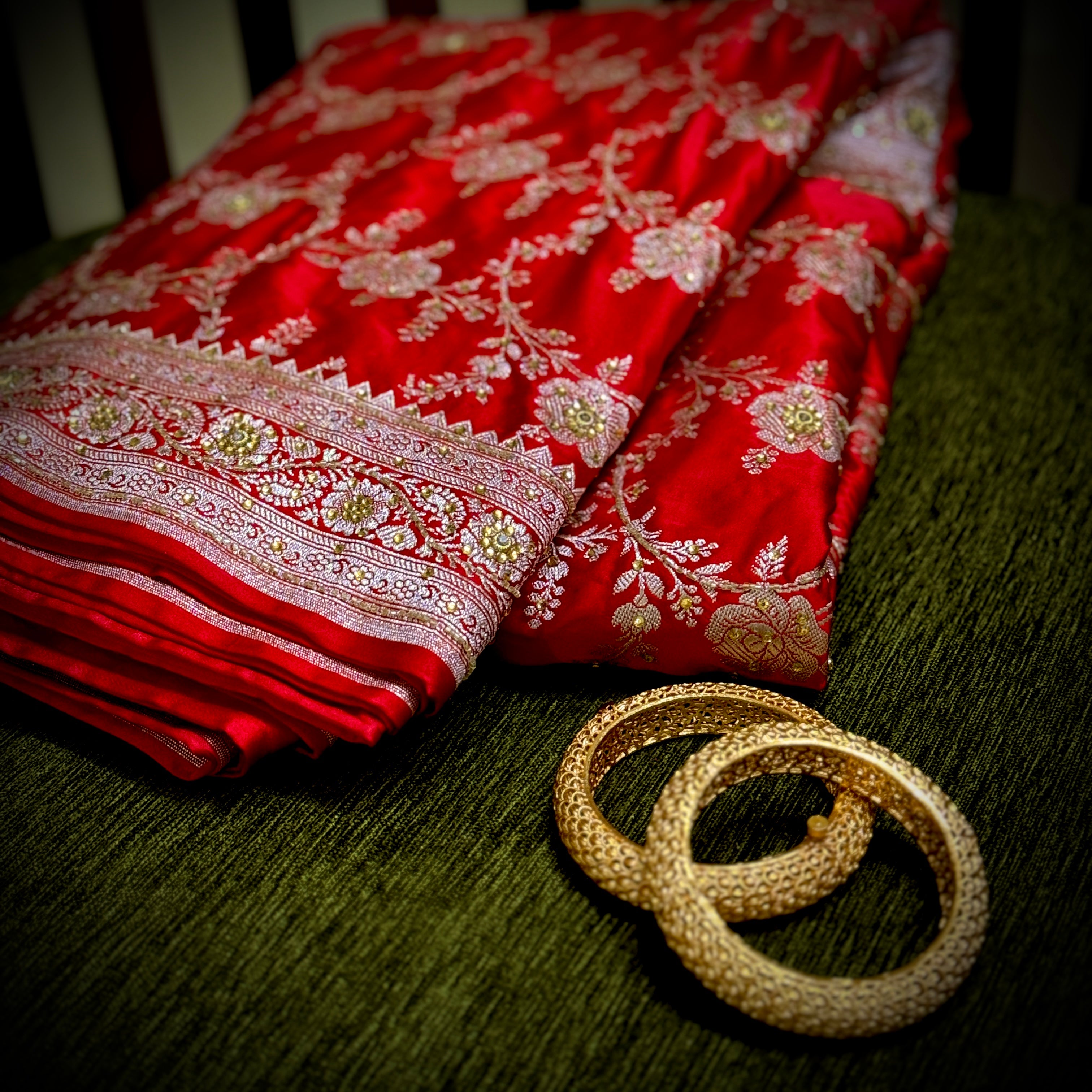 Red Mashru Silk with Ari and stone work