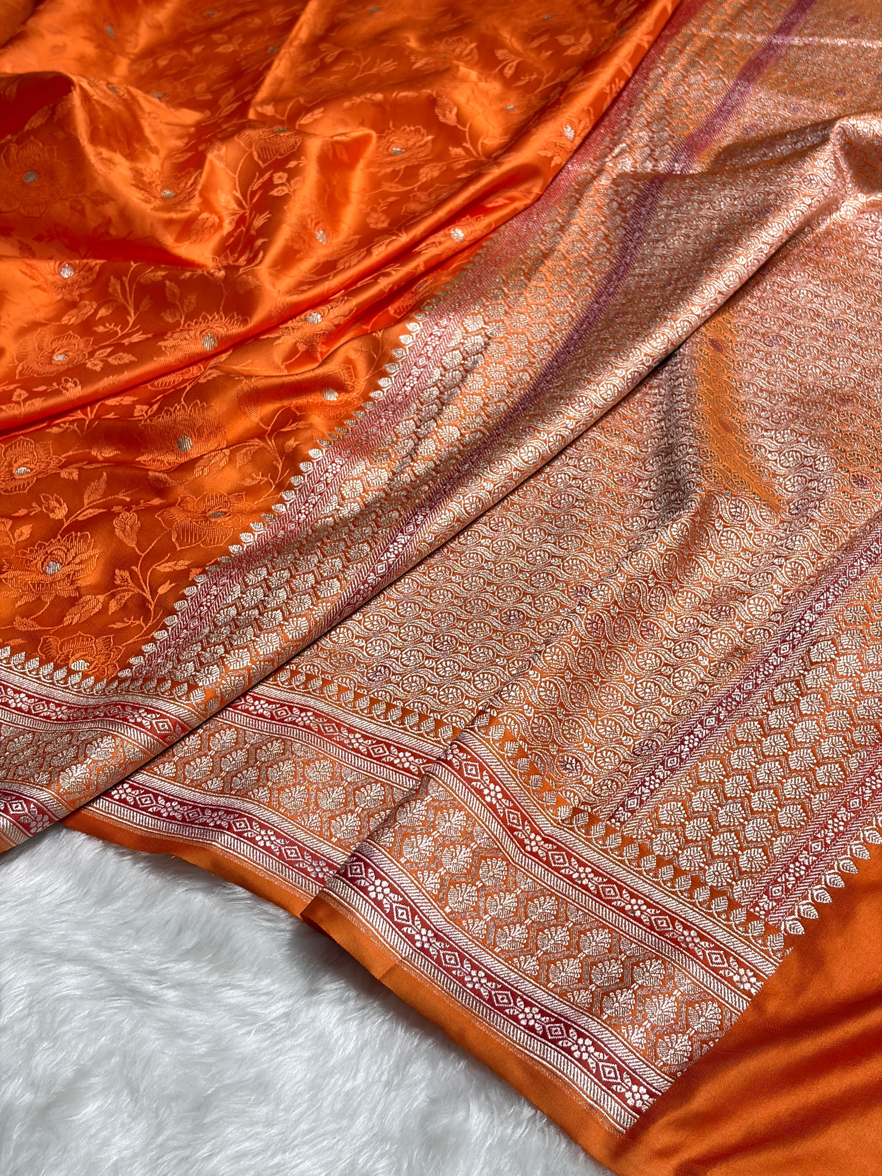 Orange Minakari Tanchoi Floral Booti Mashru Silk Saree MS59