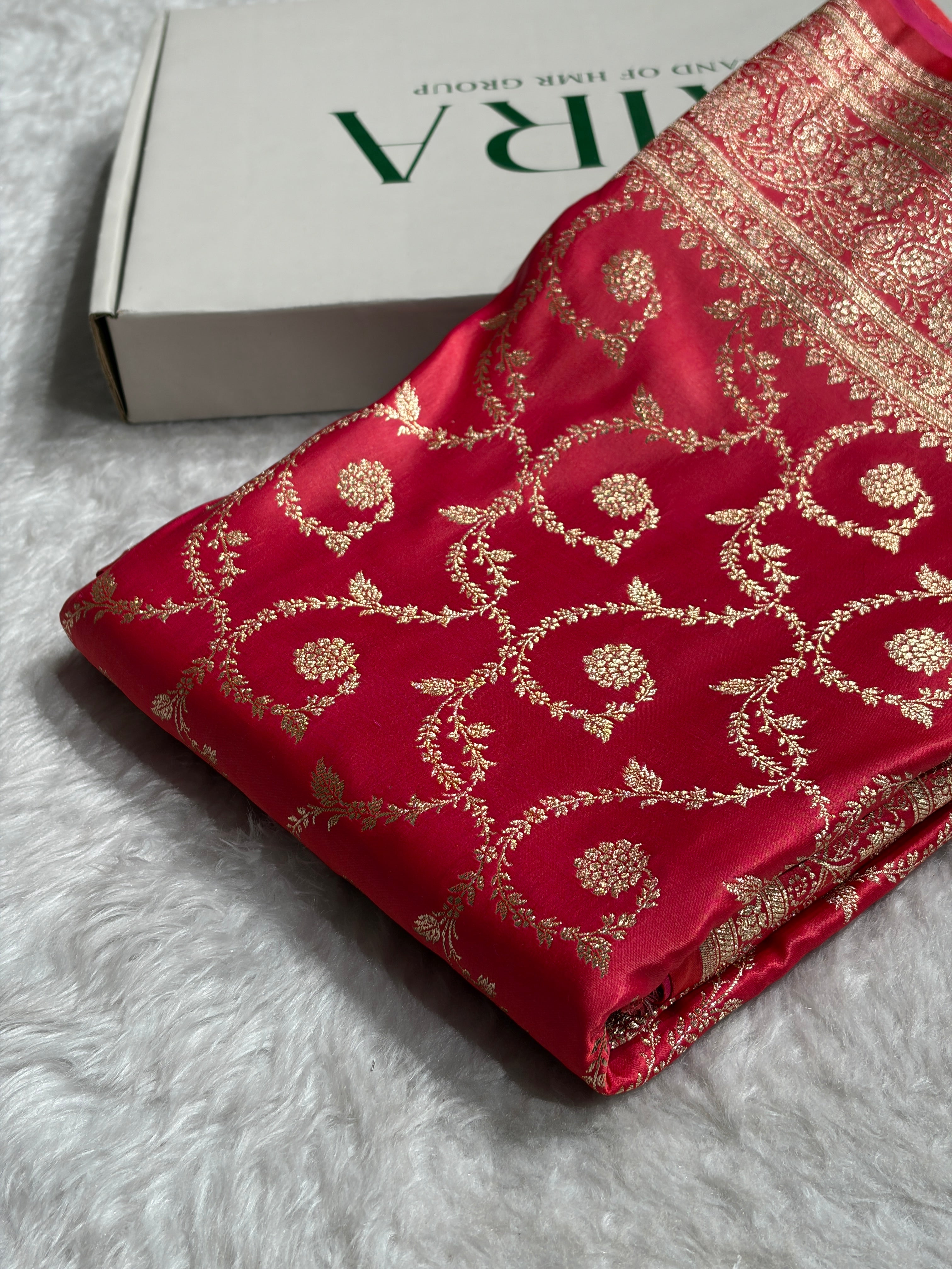 Cross Peach Shades Floral Jaal Pattern Satin Katan Silk saree SK55