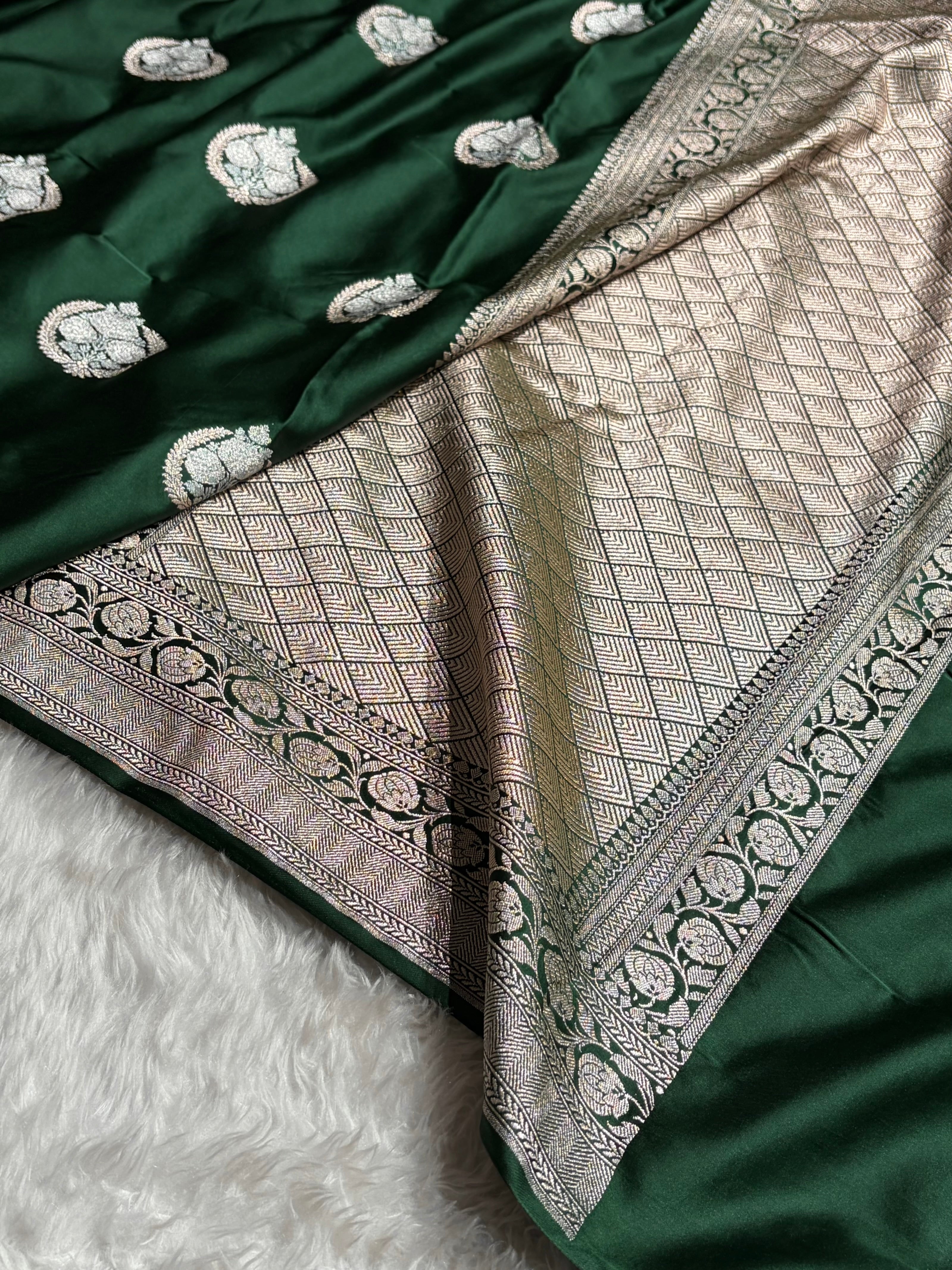 Bottle Green Shades Minakari Boota Mashru Silk Saree MS35