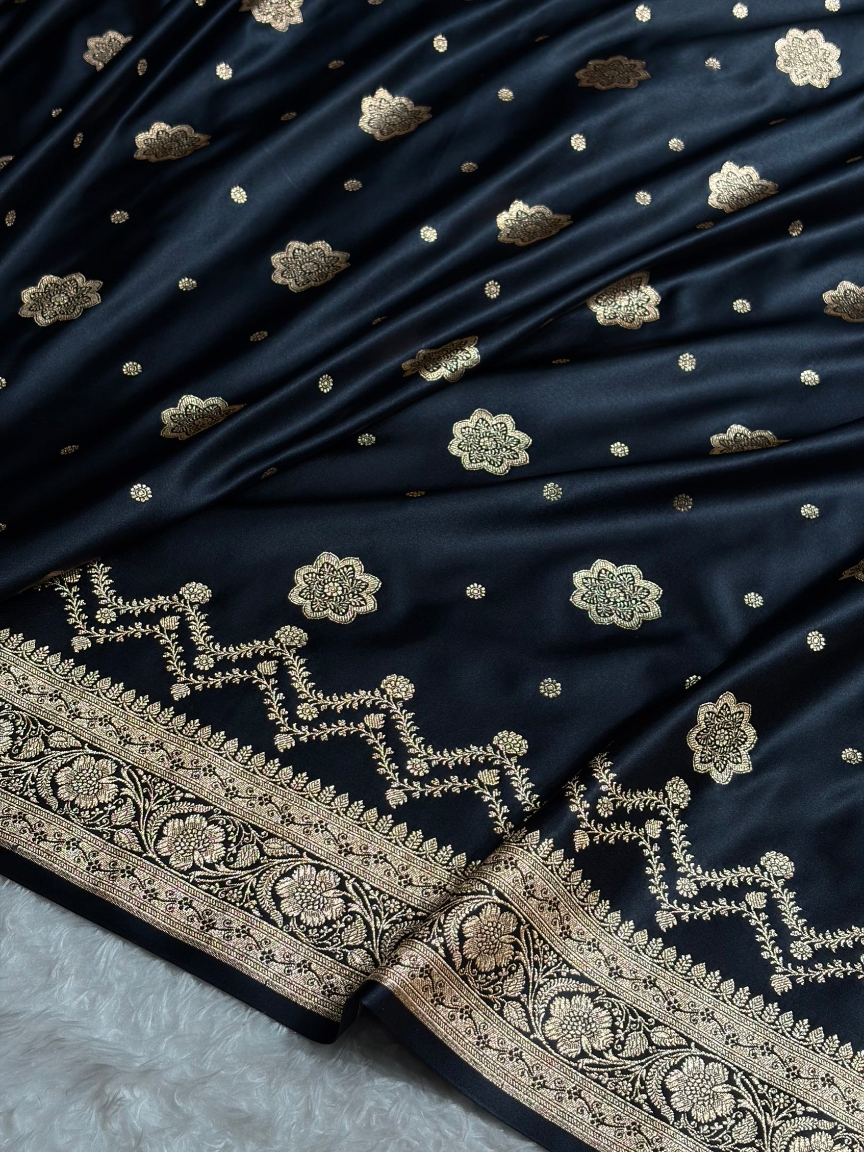 Banarasi Satin Katan Saree Floral Boota Pattern in Black Shades SK146