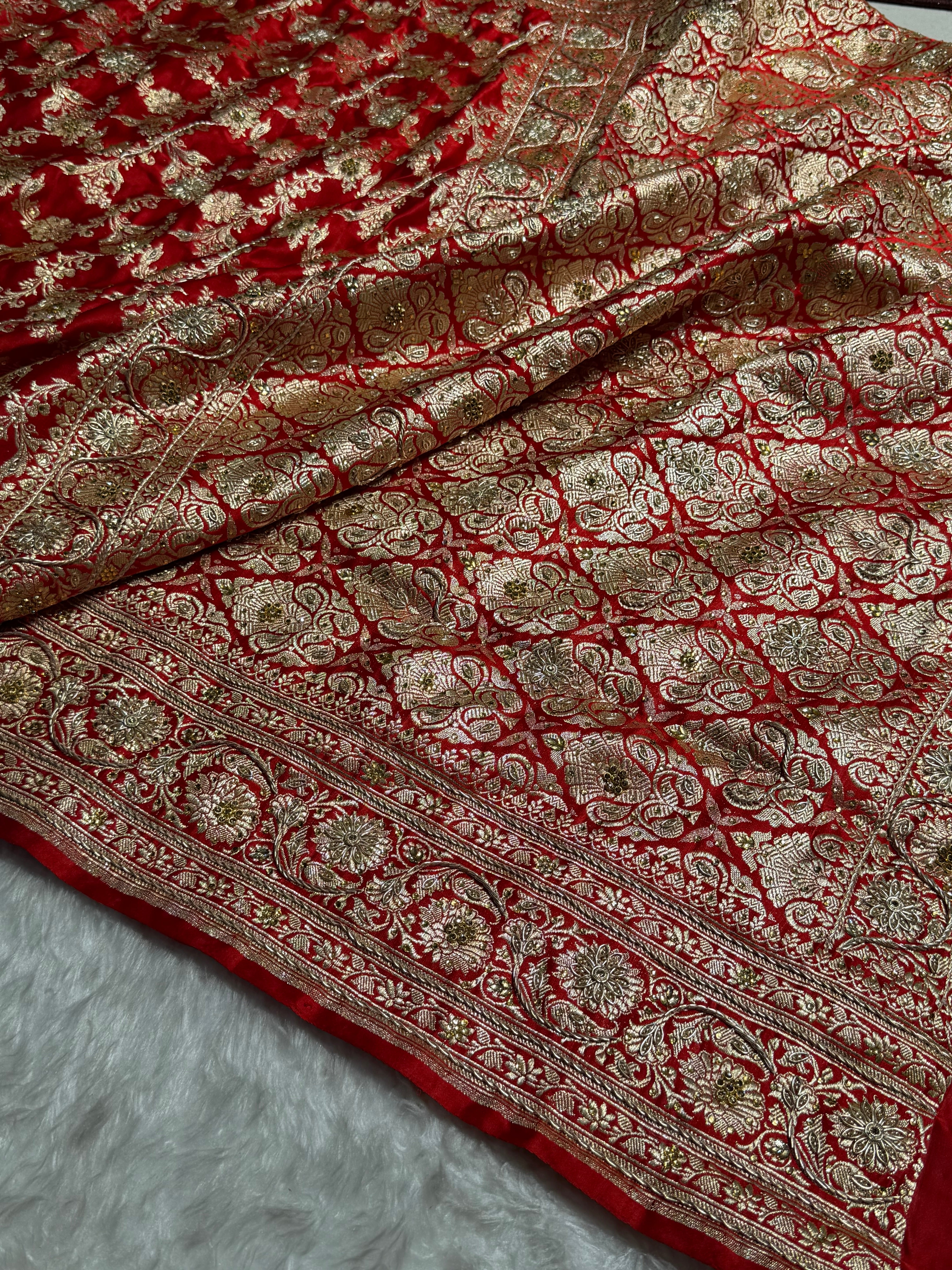 Bridal Red Pure Katan Silk Banarasi Saree with Zardozy, Ari and Stone work PBSK01