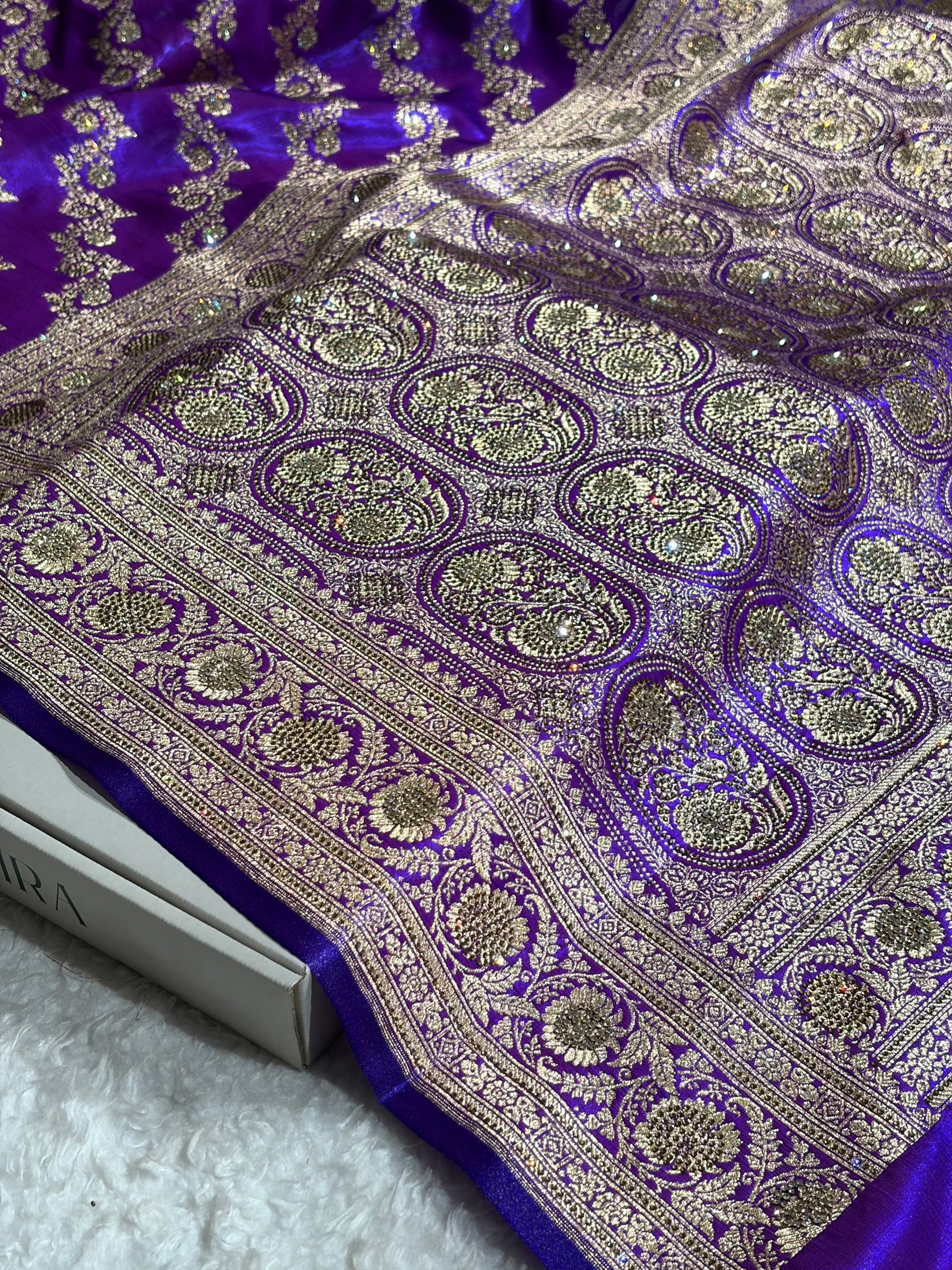 Banarasi Bridal Purple Shades With Swarovski Stone and White Stone Work Satin Silk Saree BSS32