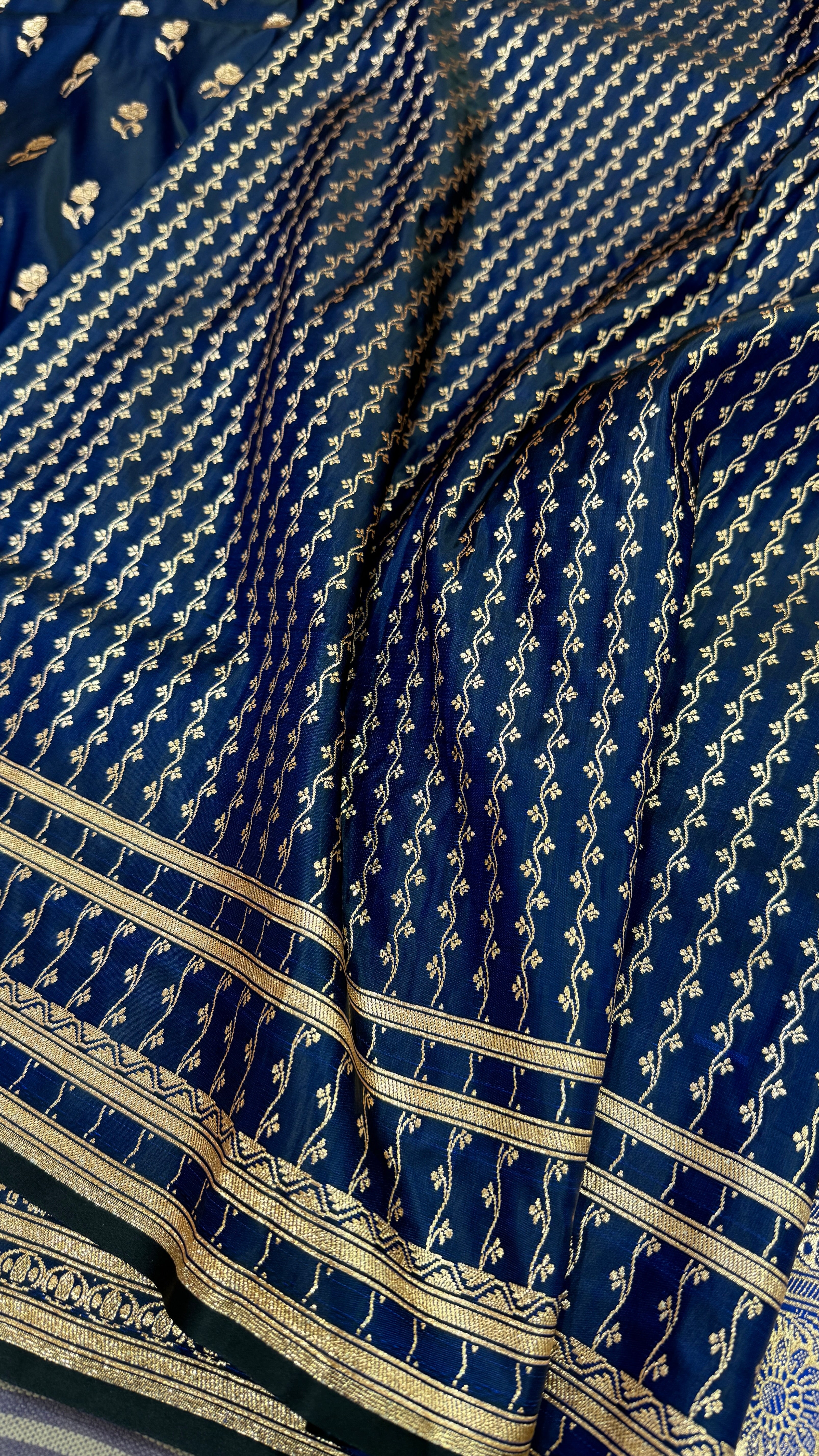 Navy Blue Floral Booti Katan Silk Saree with strip blouse SK13