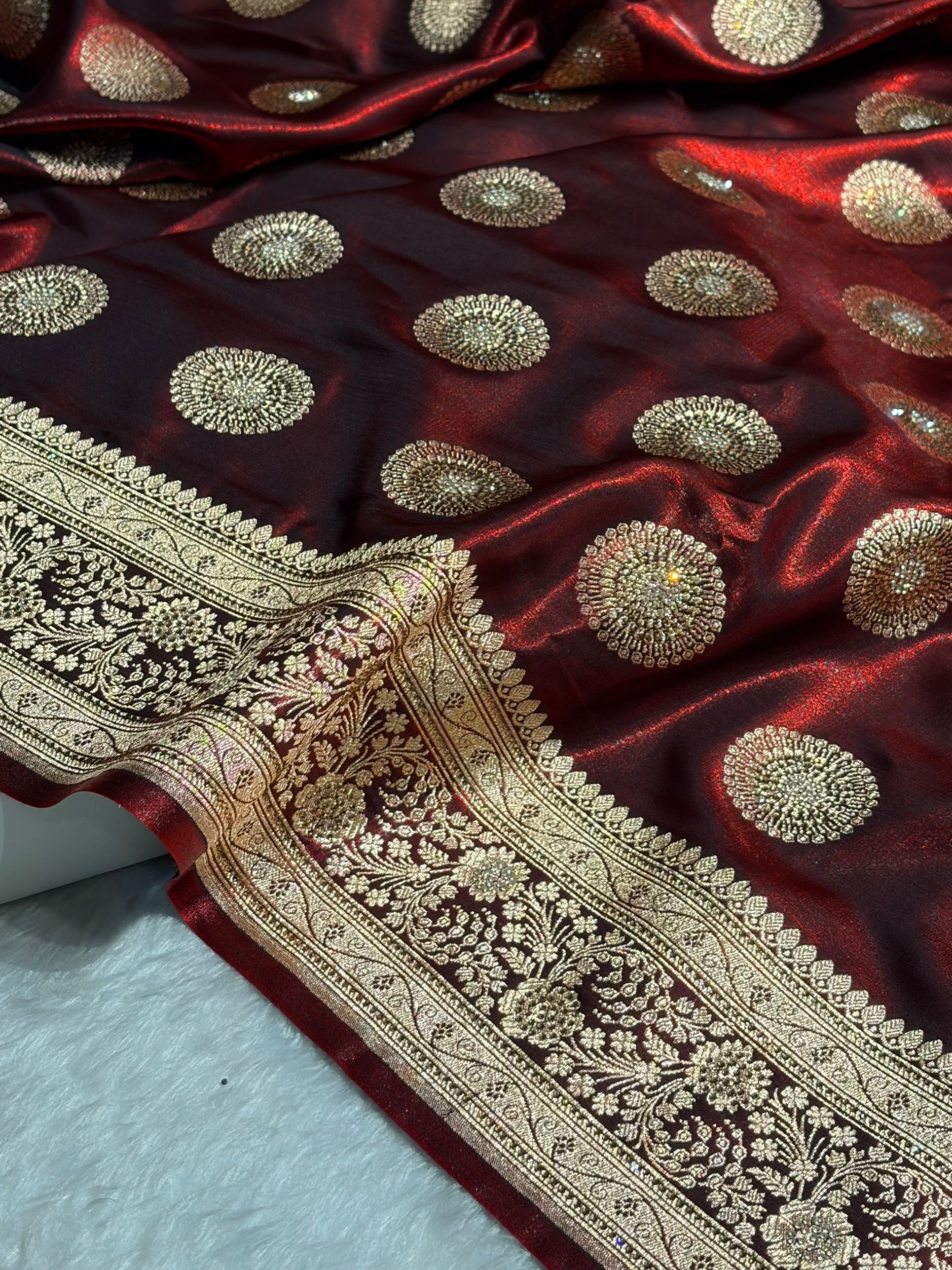 Maroon Shades Banarasi With Swarovski Stone Work Satin Silk Saree BSS33