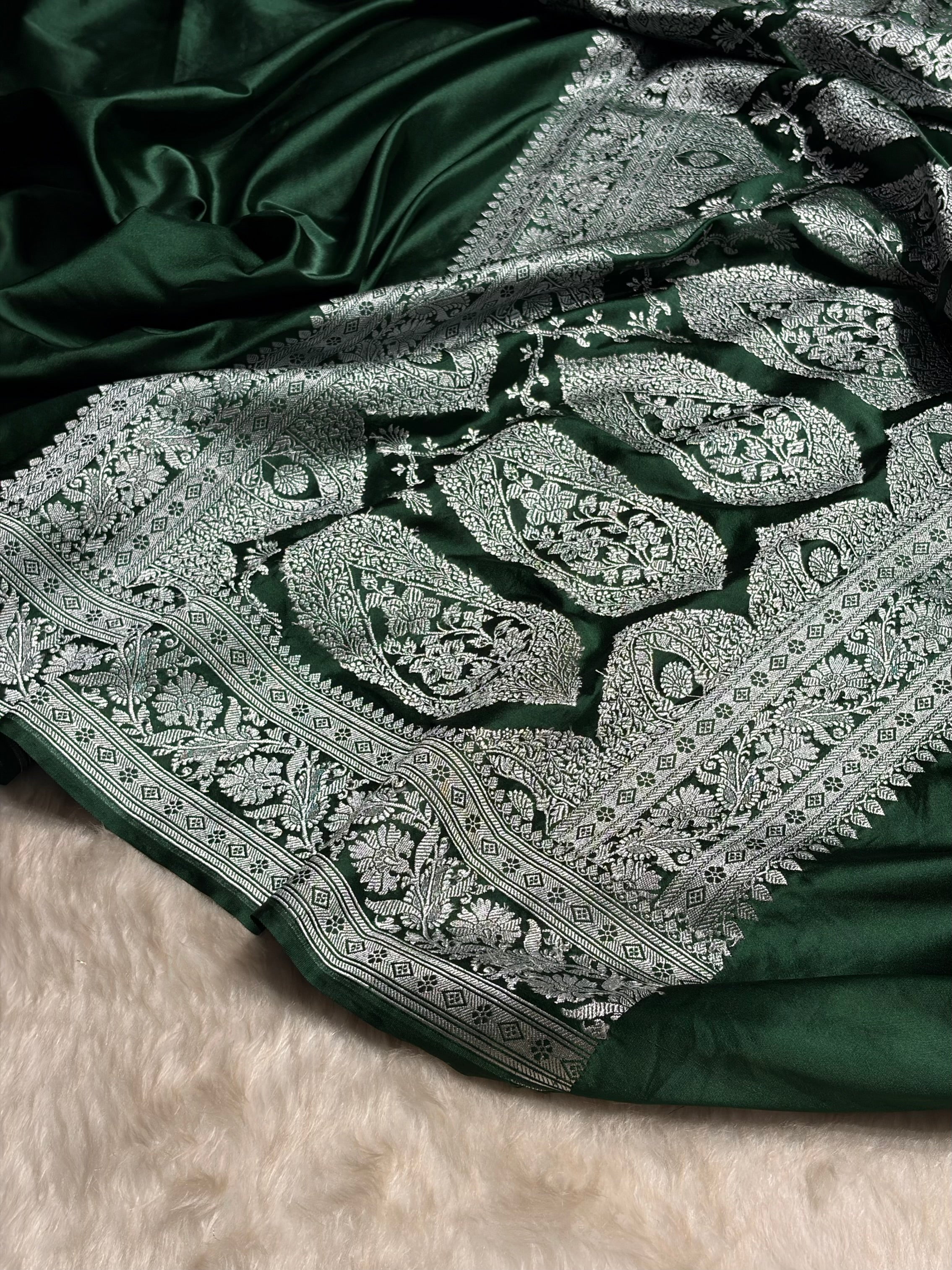 Dark Bottle Green Plain Mashru Silk Saree MS22