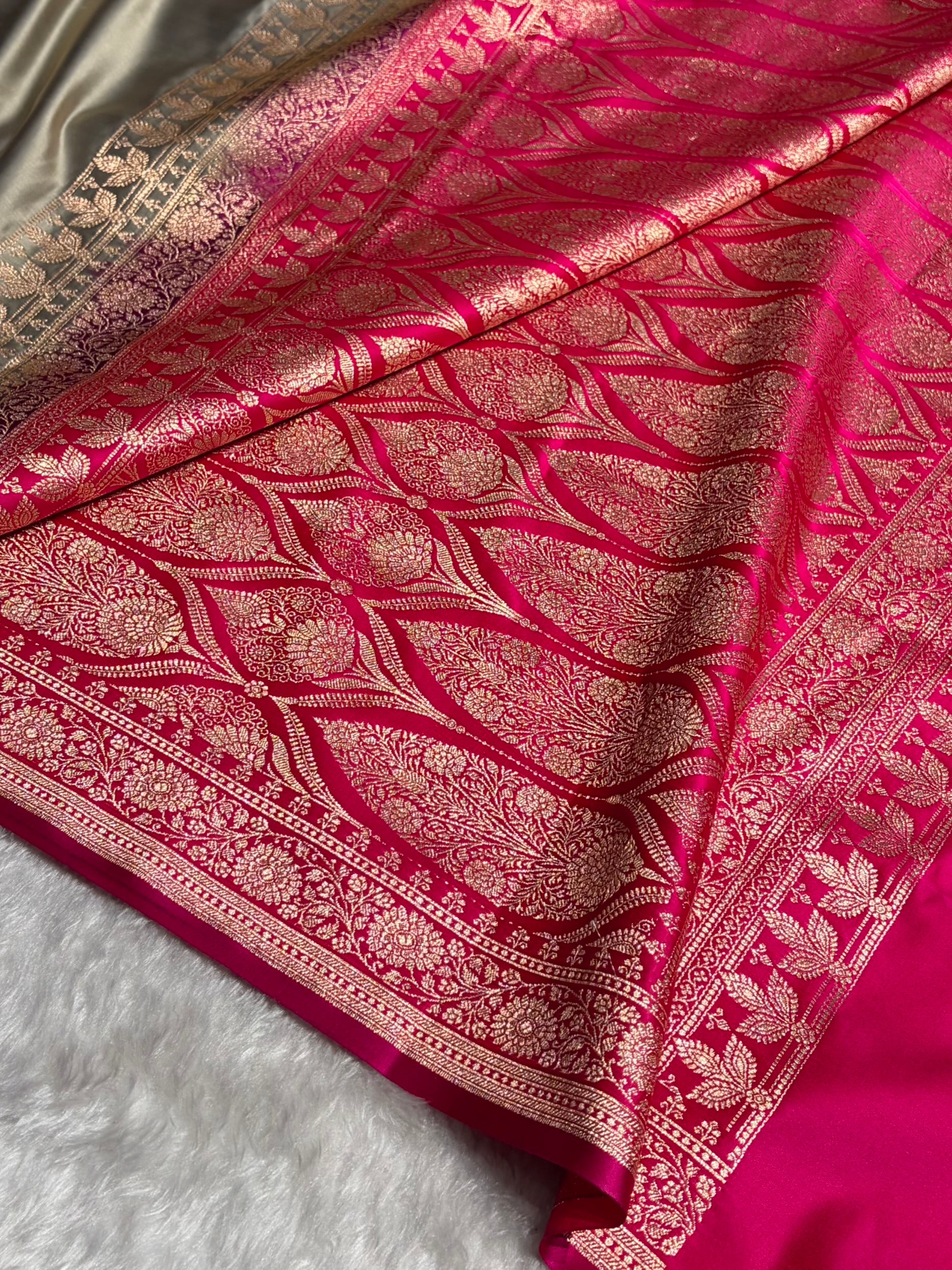 Banarasi Satin Katan Saree in Contrast Metallic Grey / Rani Shades SK131