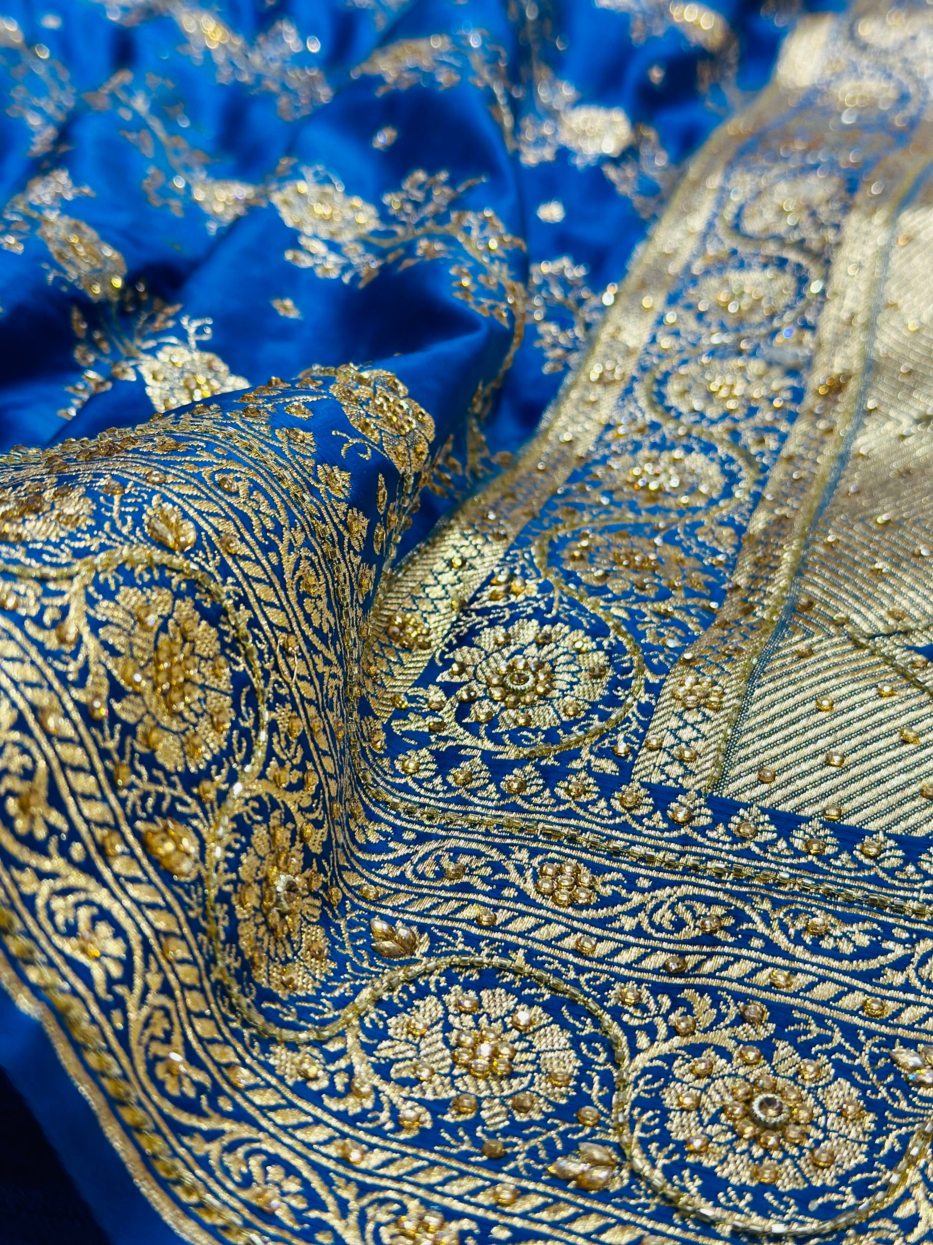 Firozy Cross Katan Silk Saree with Ari and Stone Work
