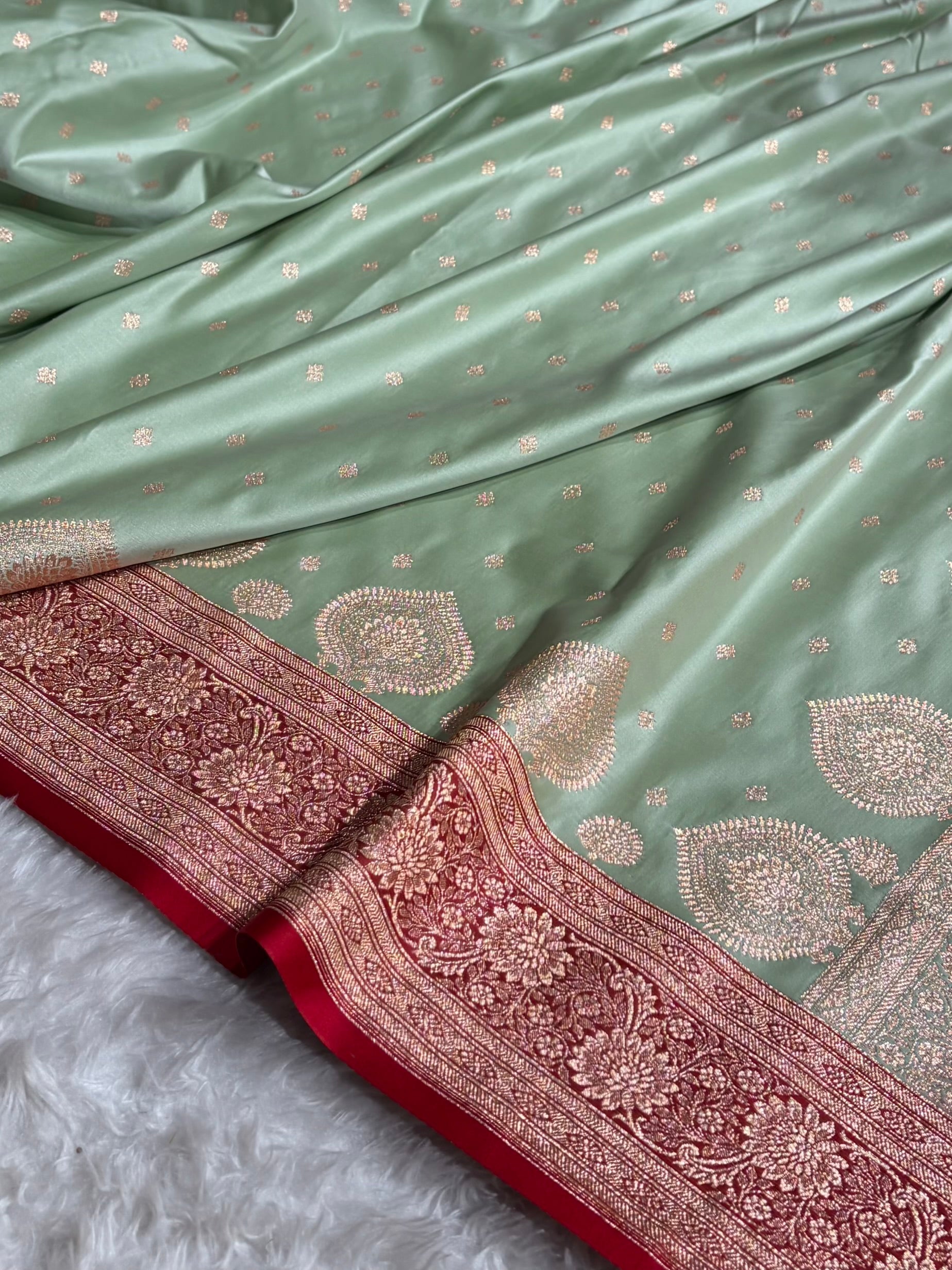 Pista with Red Booti Satin Katan Silk saree SK29