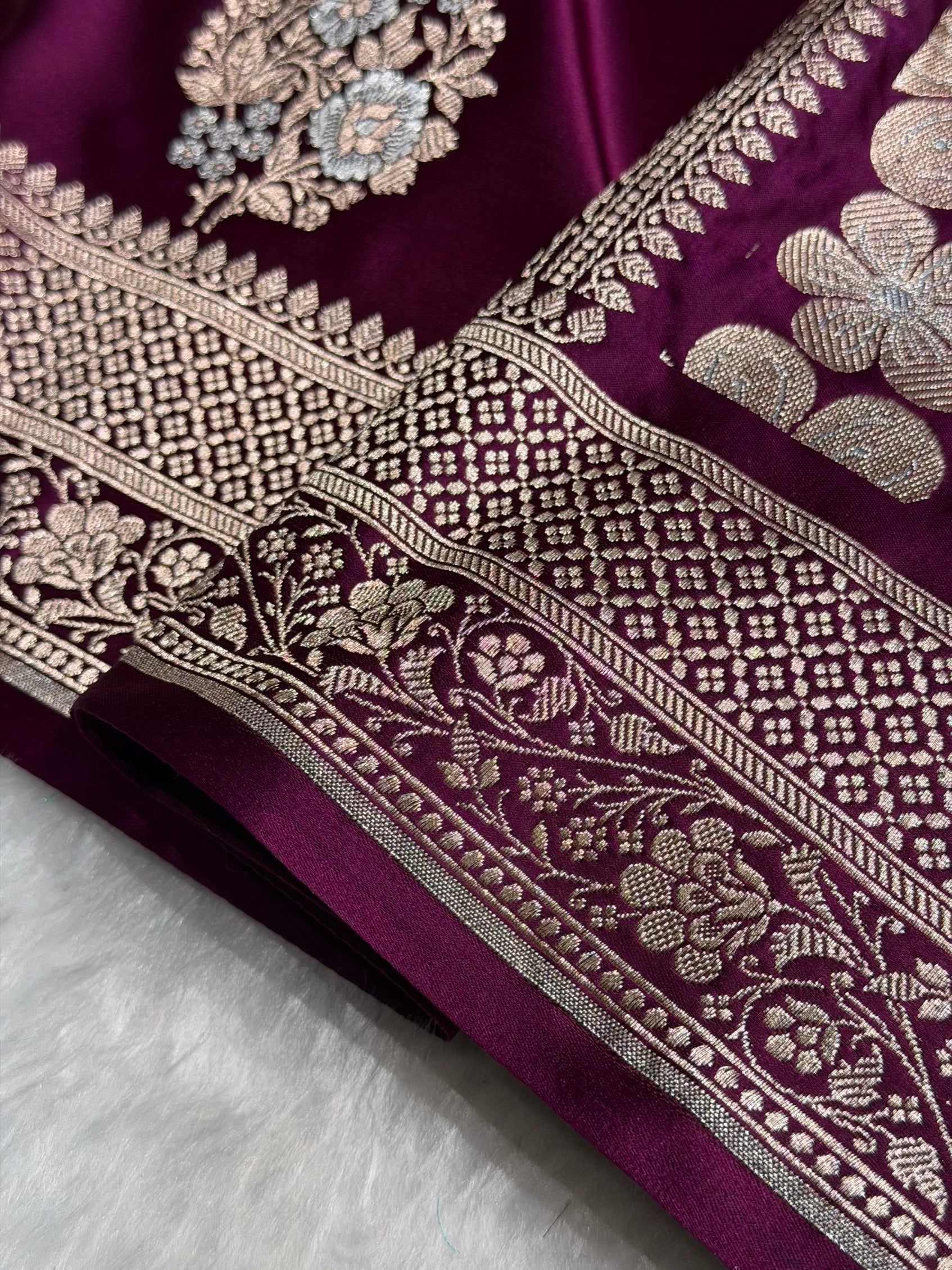 Premium Banarasi Satin Katan Saree With Minakari Boota in Wine Shades SK93