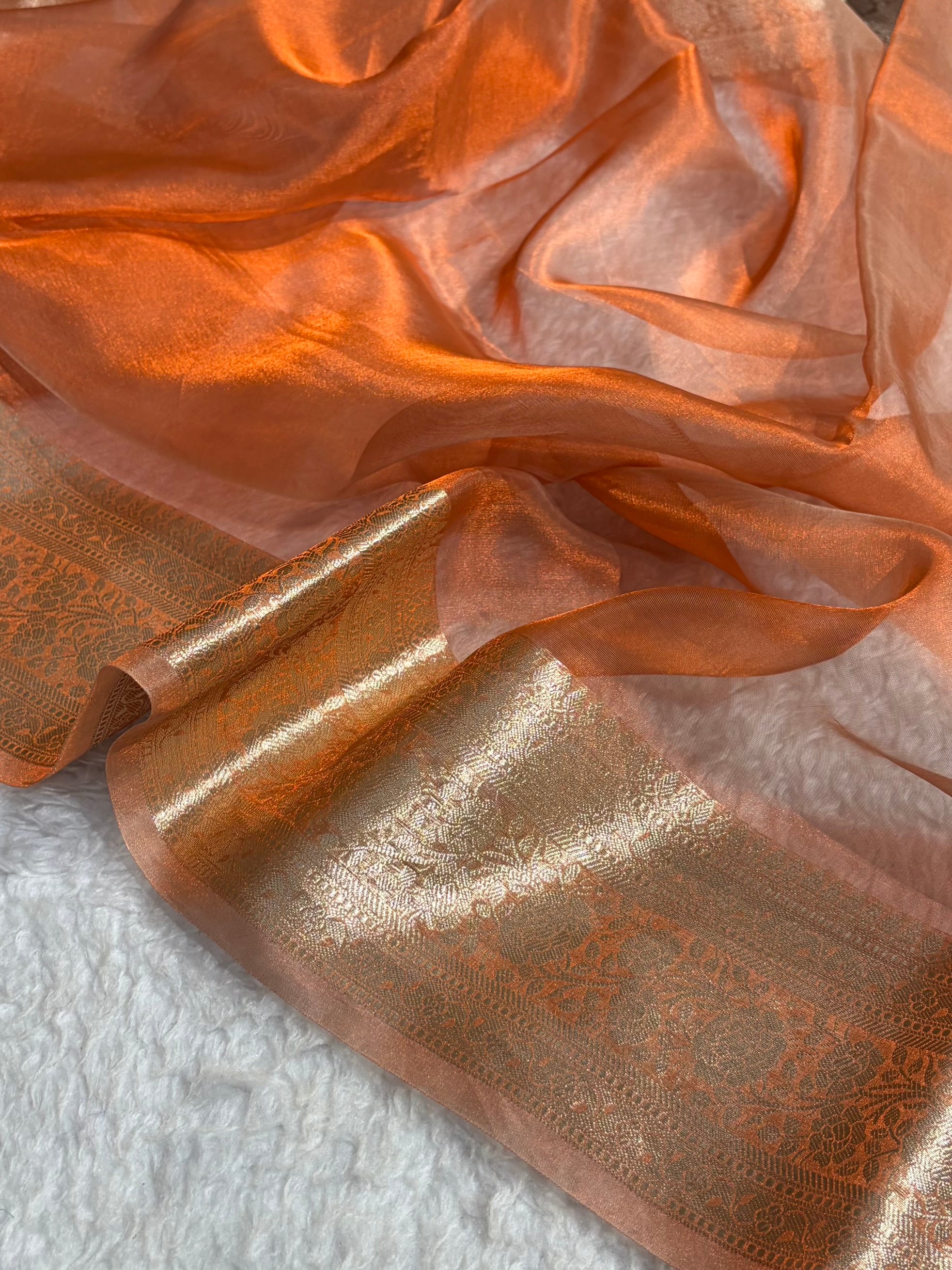 Pinkish Orange Shades Pure Tissue Silk Saree with Brocade Blouse PT-08