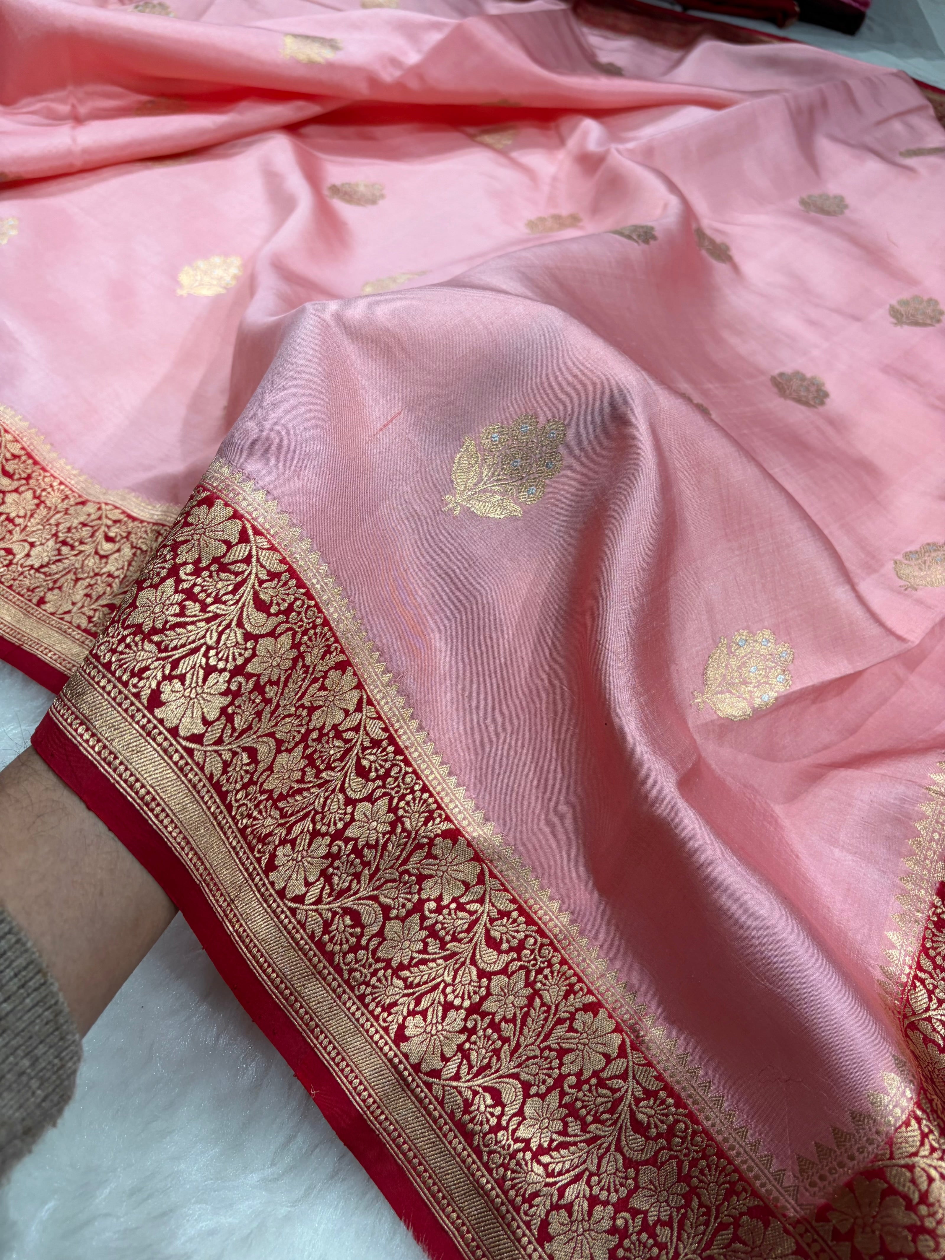 Banarasi Baby Pink With Maroon Contrast Shades Meenakari Boots Handwoven Pure Paper Silk Saree RM-90