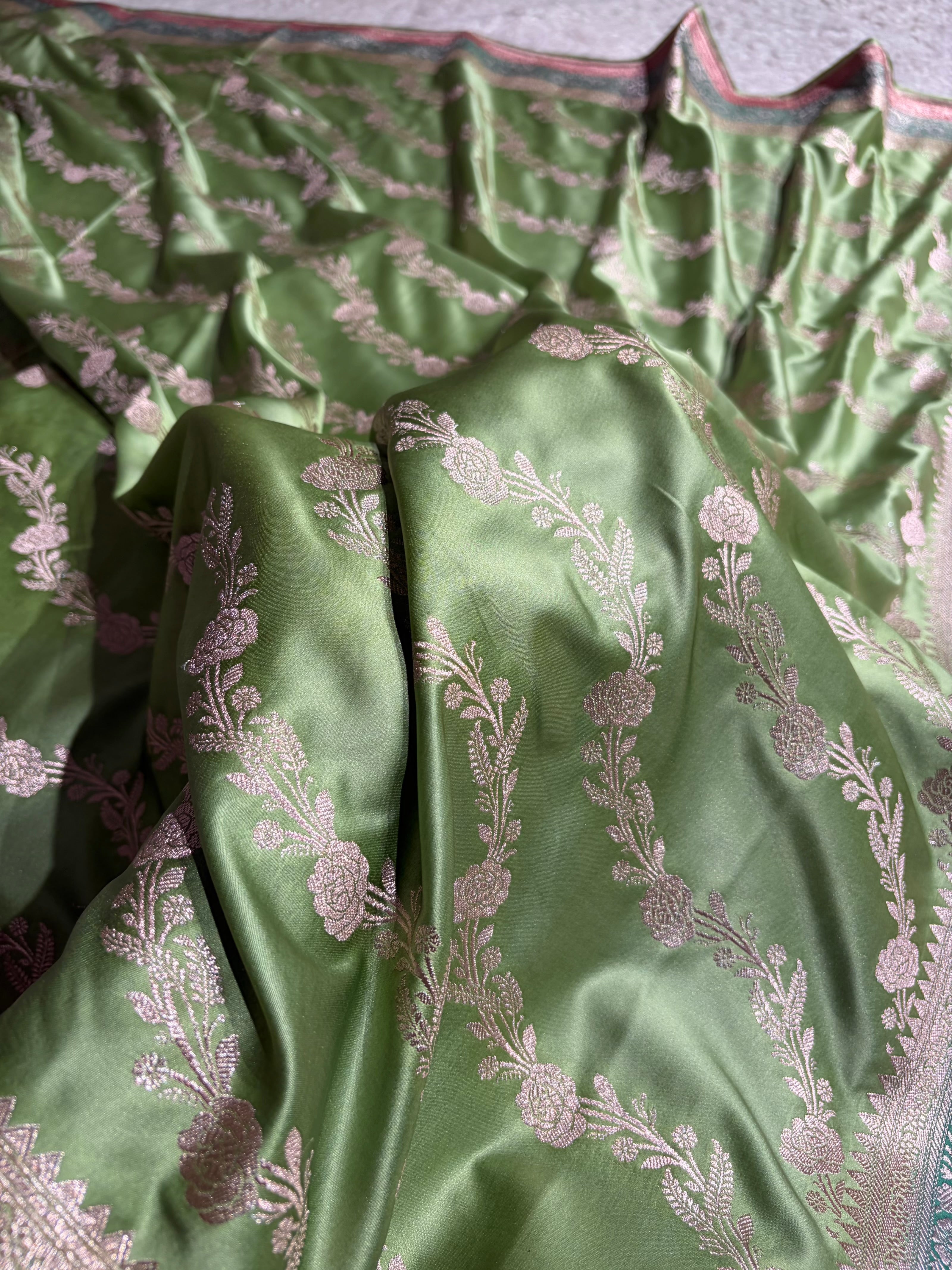 Light Pista Shades Minakari Border Mashru Silk Saree With Cross Pattern MS03