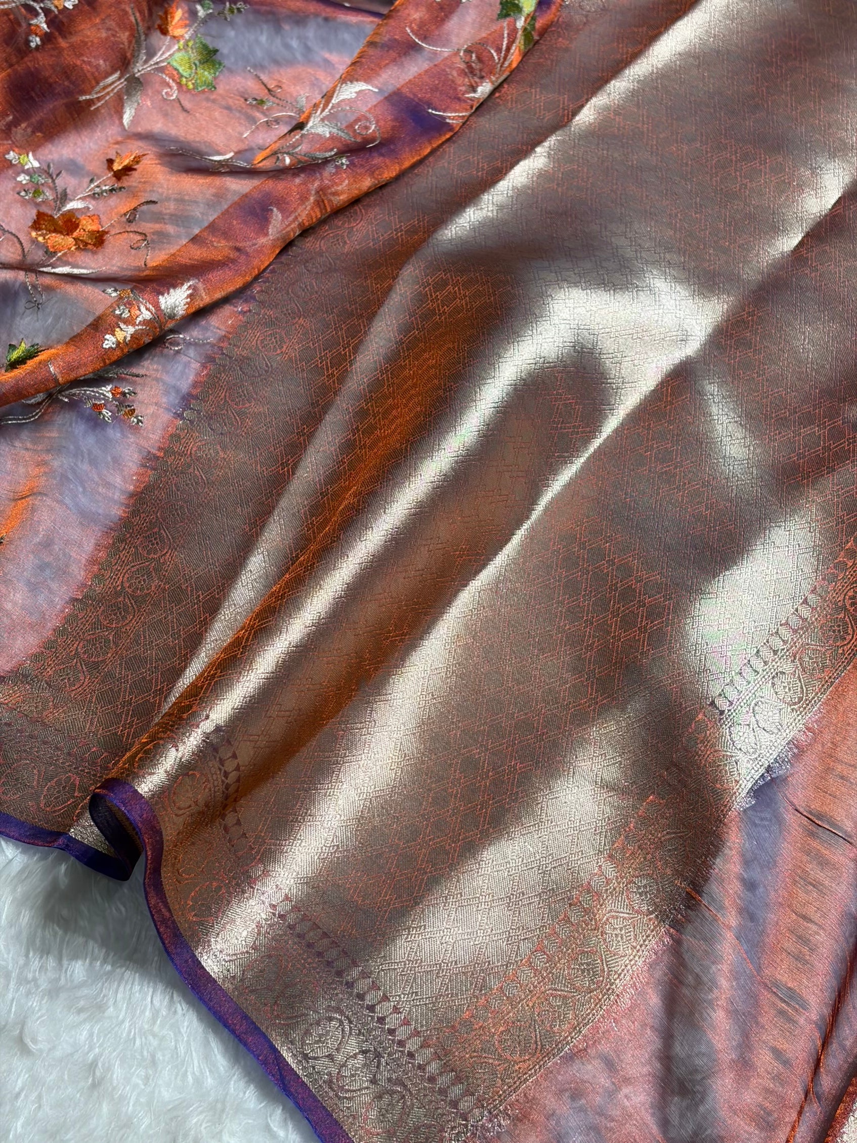 Rustic Purple Shades With Floral Embroidered Pure Tissue Silk Saree with Brocade Blouse PTE-09