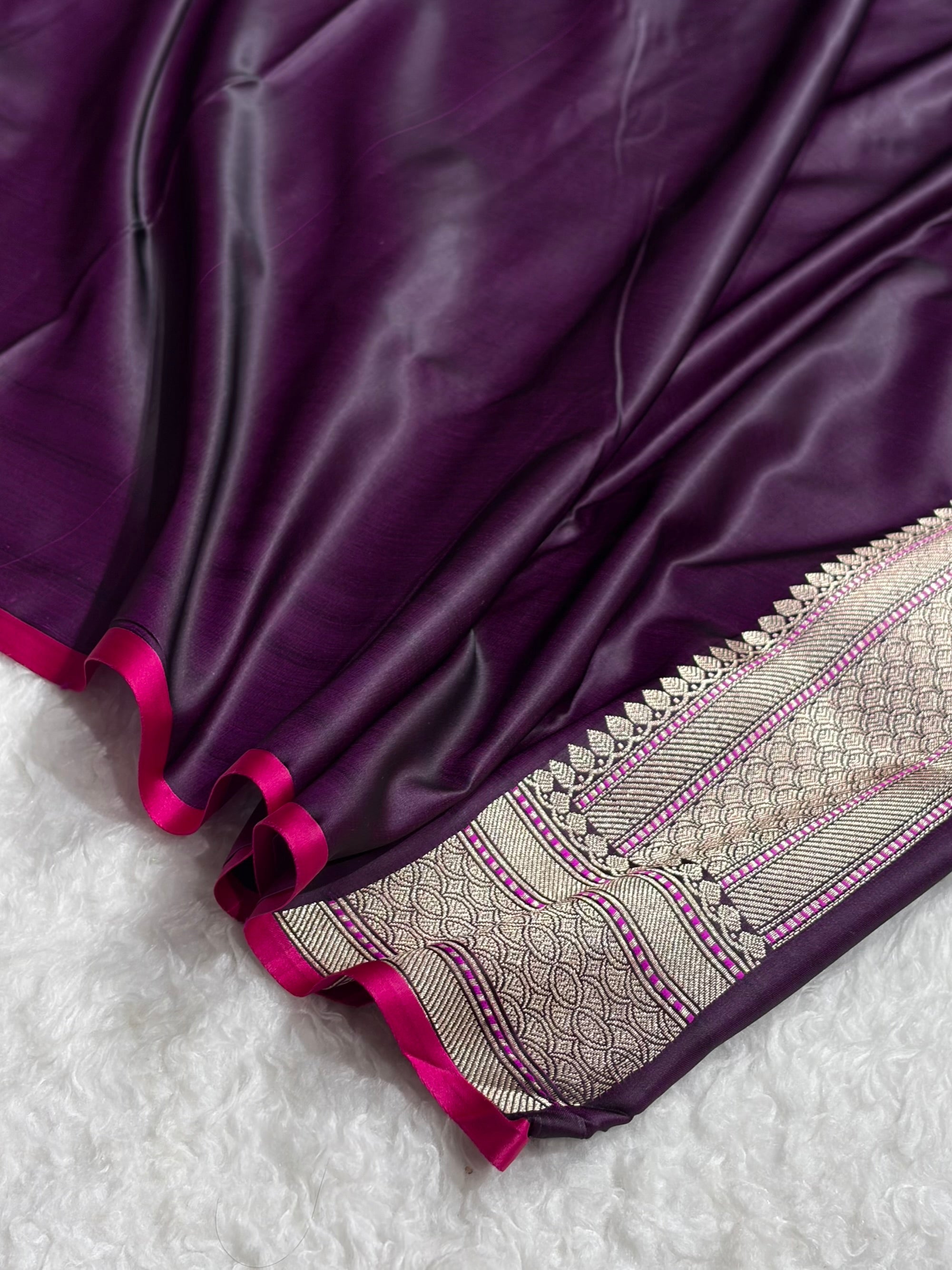 Banarasi Wine Boota With Floral Border Mashru Silk Saree