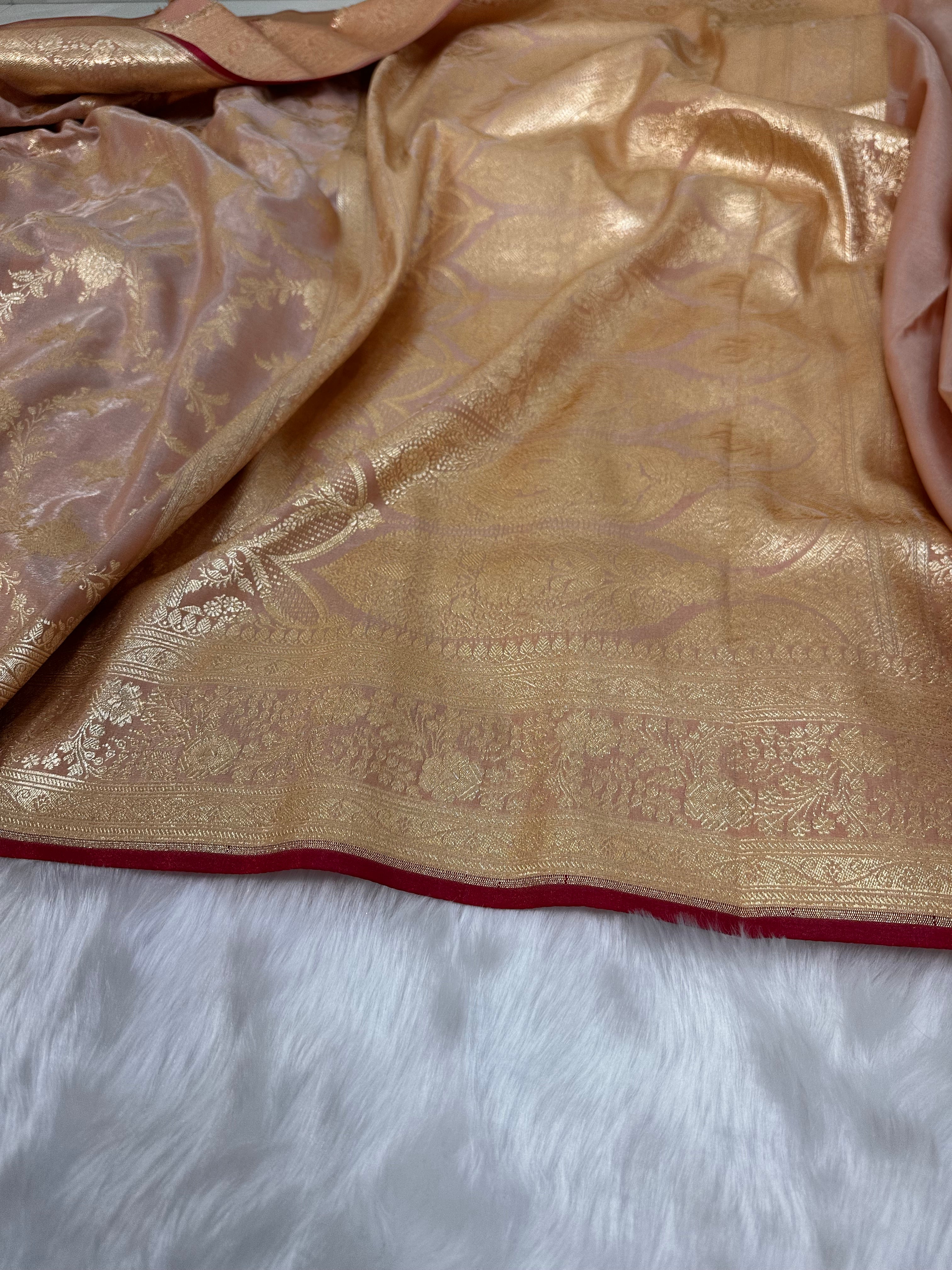 Dusty Peach Shades Satin Silk Jaal Pattern Banarasi Saree