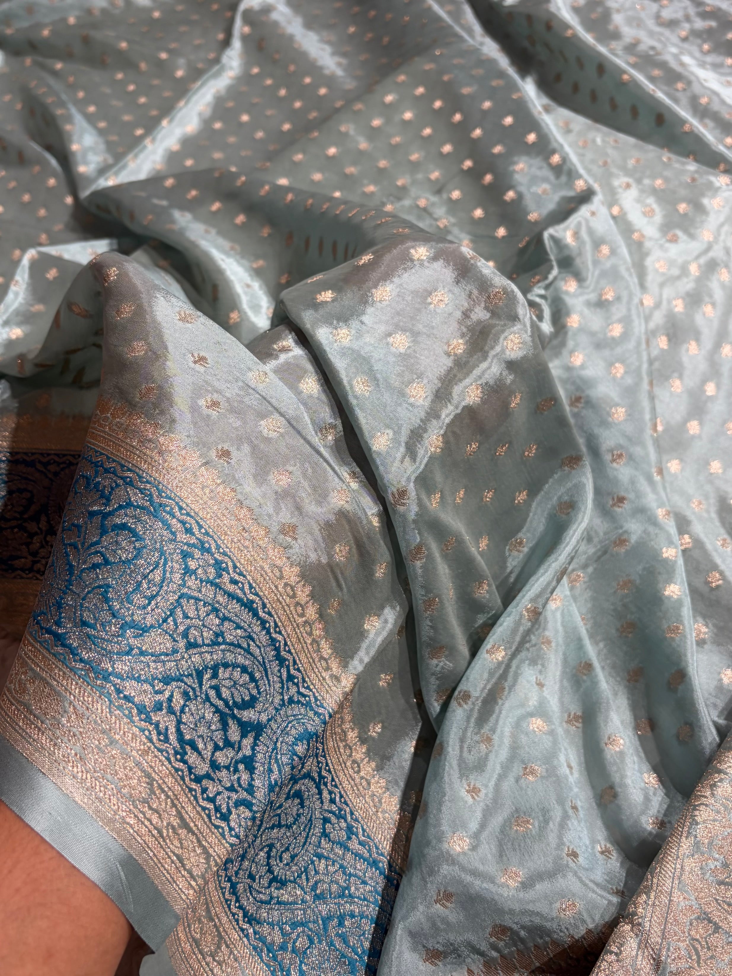 Powder Blue Shades With Contrast Border Crepe Silky Katan Banarasi Saree CSK-05